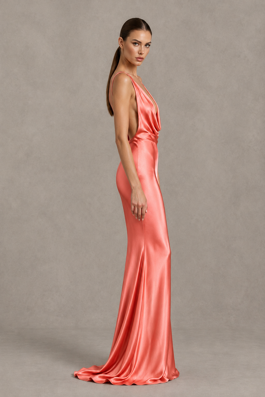 BOLODOO Coral Cowl Neck Backless Satin Mermaid Evening Dress - Coral - Coral_4