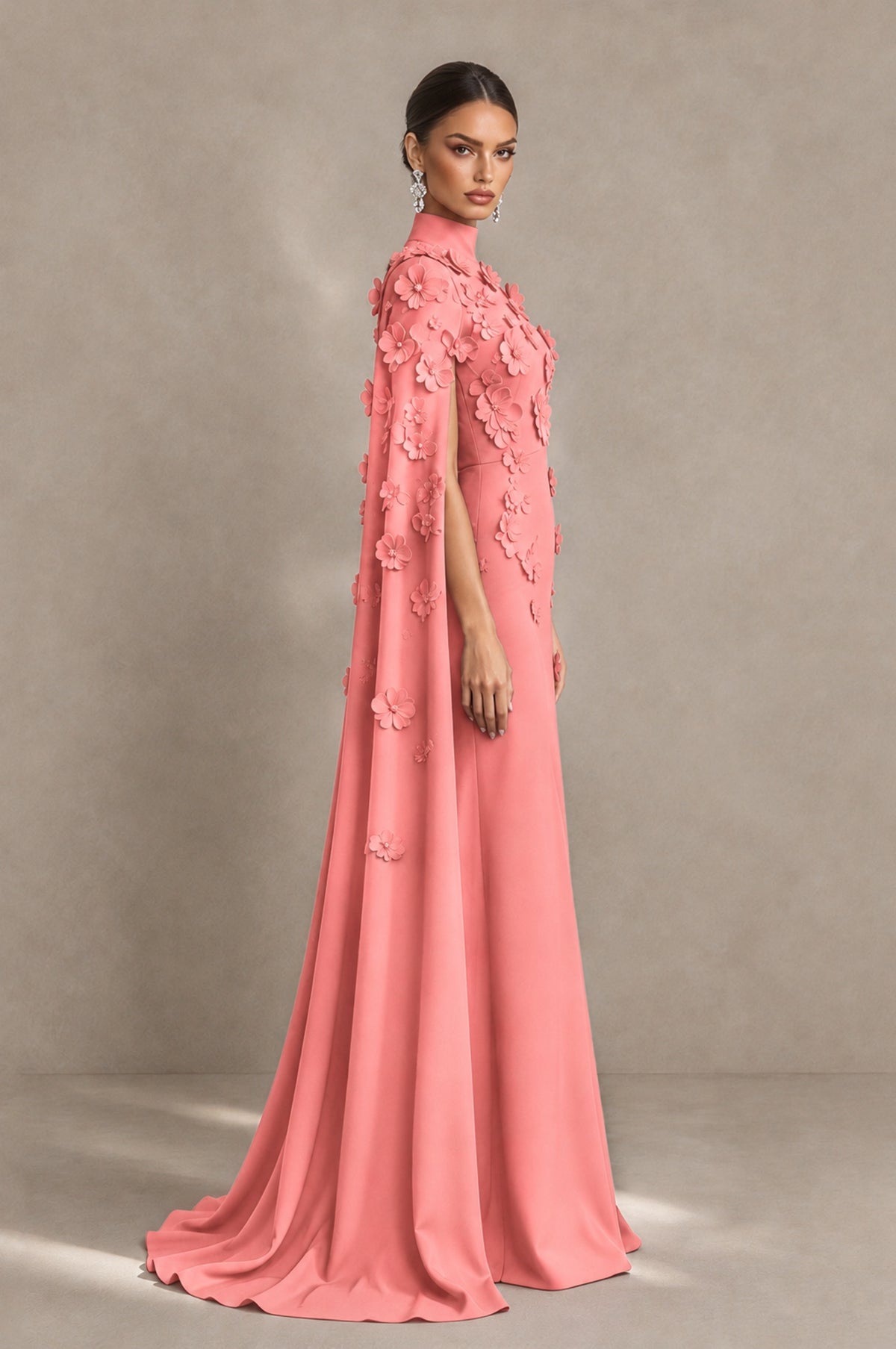 BOLODOO Coral 3D Floral Applique Cape Formal Dress - Coral - Coral_4
