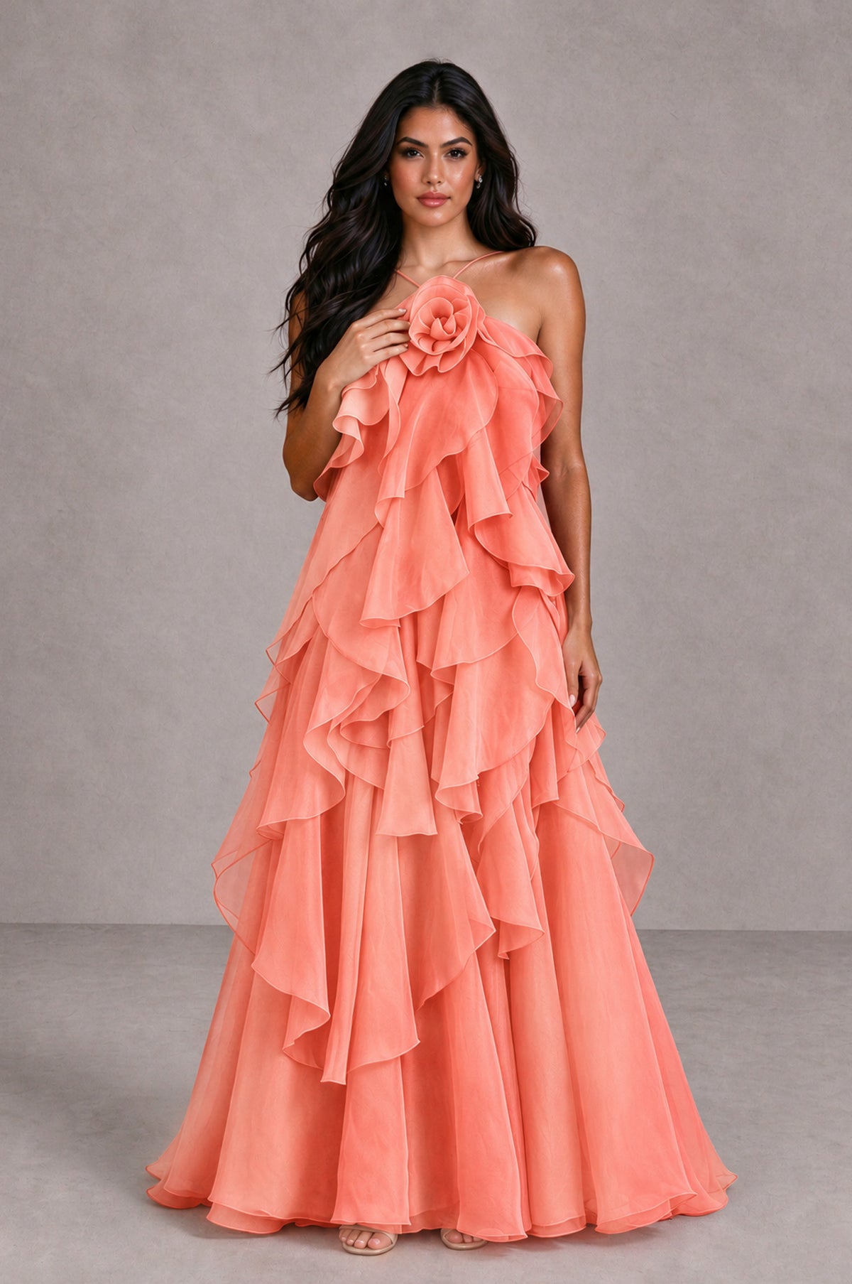 BOLODOO Coral Cascading Ruffle Rosette Open-Back Maxi Dress - Coral - Coral_4