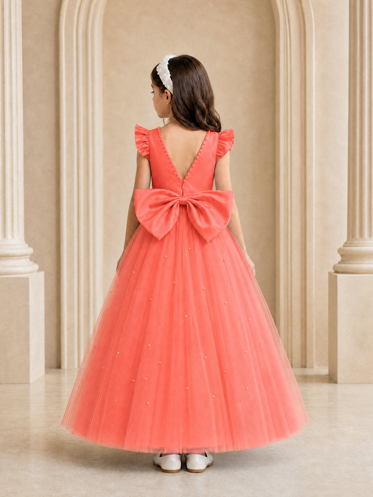 BOLODOO Coral Tulle Flower Girl Dress with Ruffle Sleeves & Bow Back - Coral - Coral_4