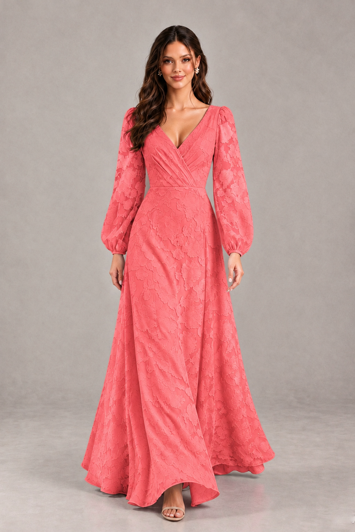 BOLODOO Coral Long Sleeve V-Neck A-Line Mother of the Bride Dress - Coral - Coral_4
