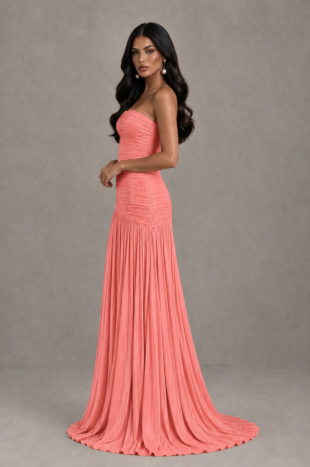 BOLODOO Coral Metallic Ruched Strapless Pleated A-Line Backless Maxi Dress with Train - Coral - Coral_4