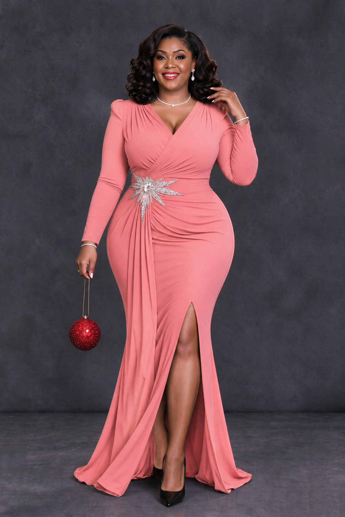 BOLODOO Coral Plus Size Long Sleeve V-Neck Mother of the Bride Dress with Slit - Coral - Coral_4