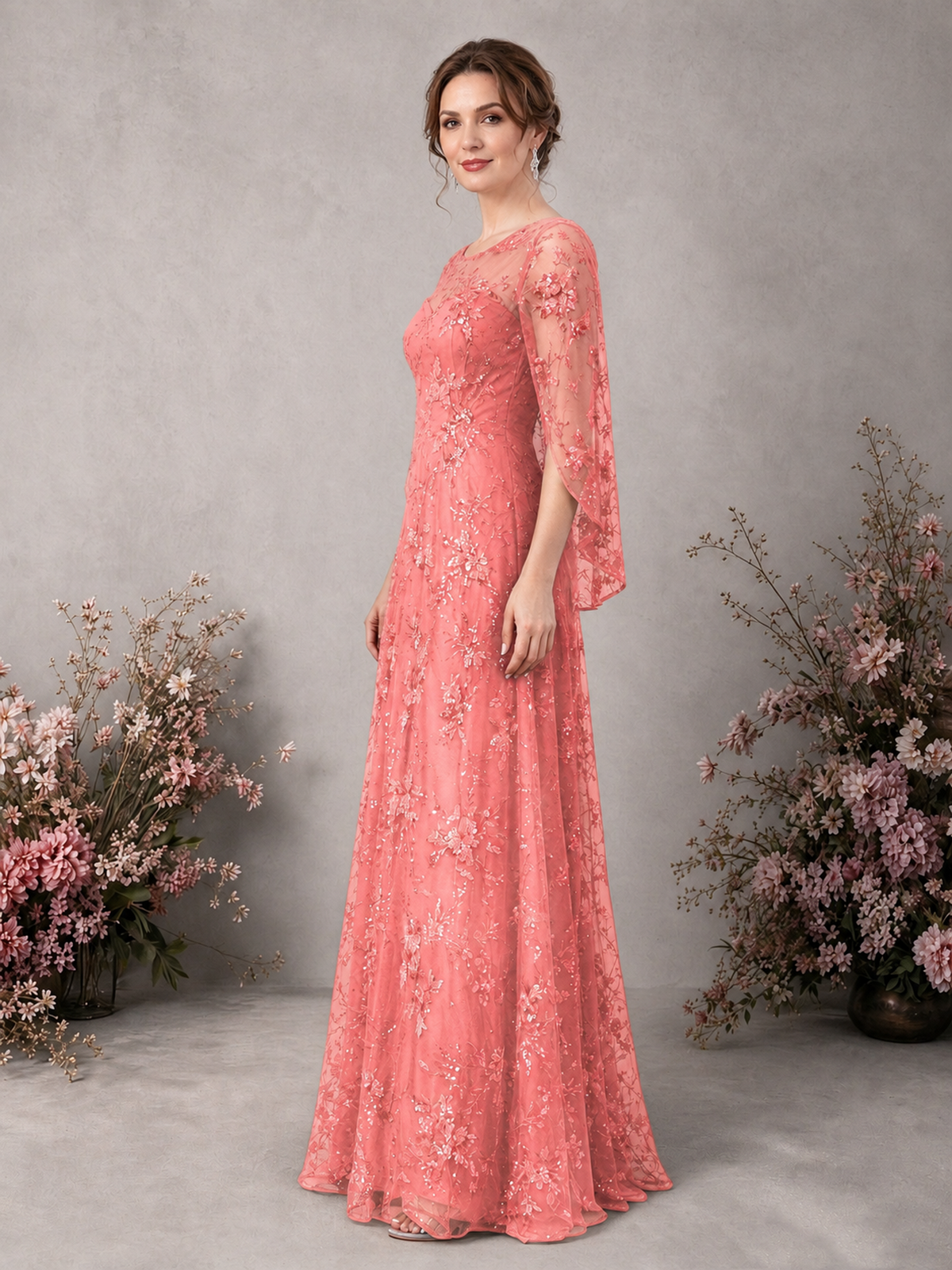 BOLODOO Coral Sequin Lace Cape Sleeve Formal Evening Gown - Coral - Coral_4