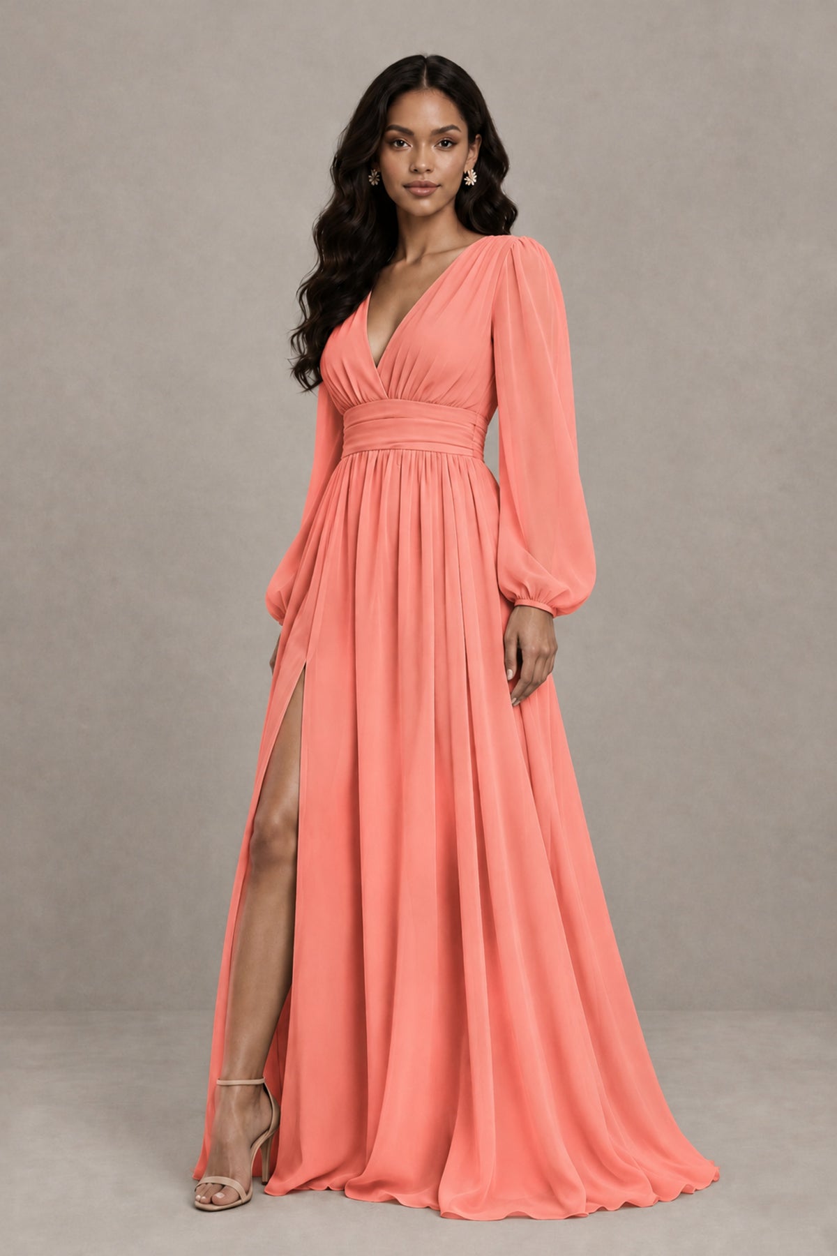 BOLODOO Coral Long Sleeve V-Neck A-Line Gown with Open Back & Slit - Coral - Coral_4