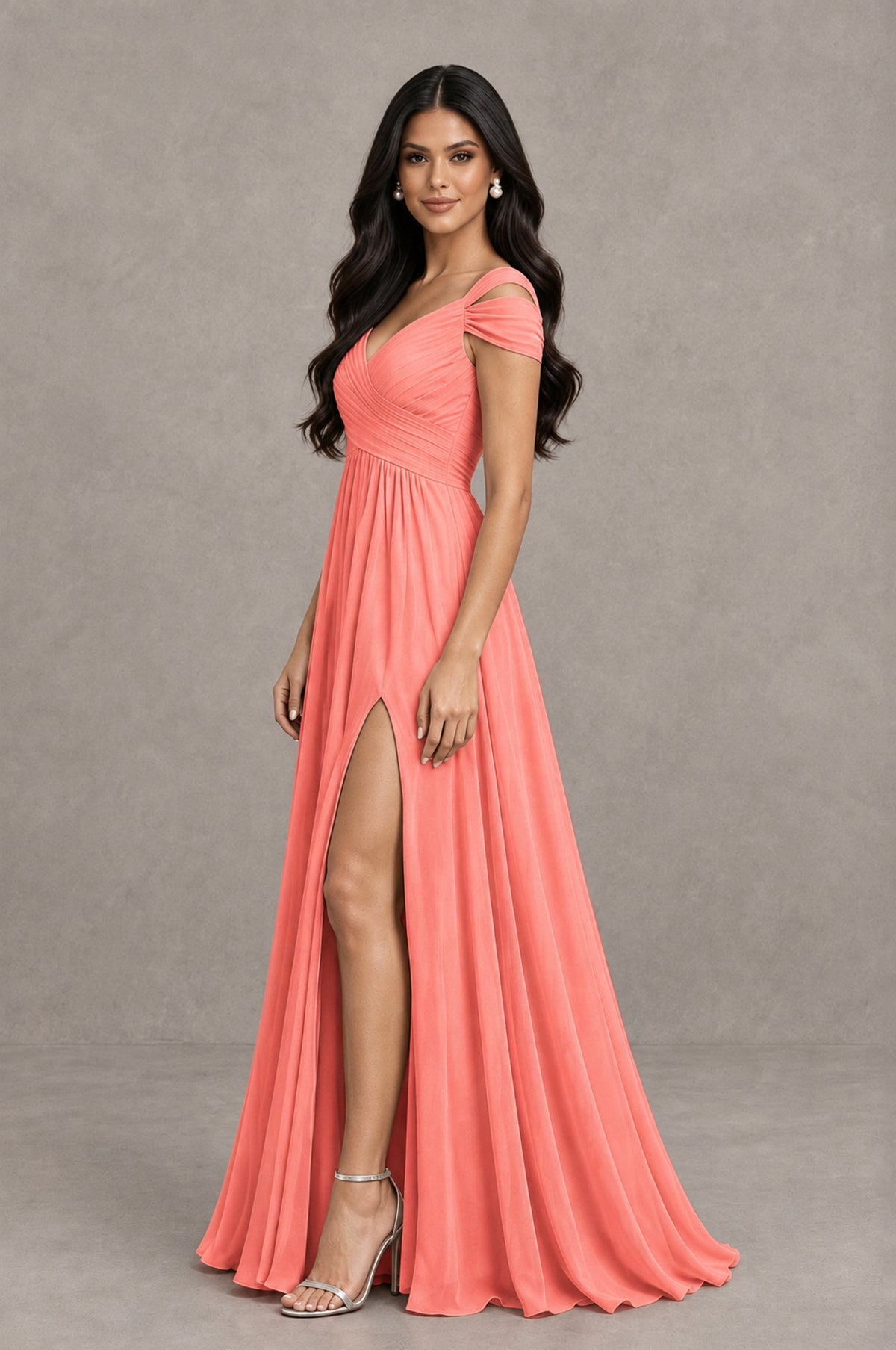 BOLODOO Coral Cold Shoulder Chiffon Evening Dress with V Neck and High Slit - Coral - Coral_4