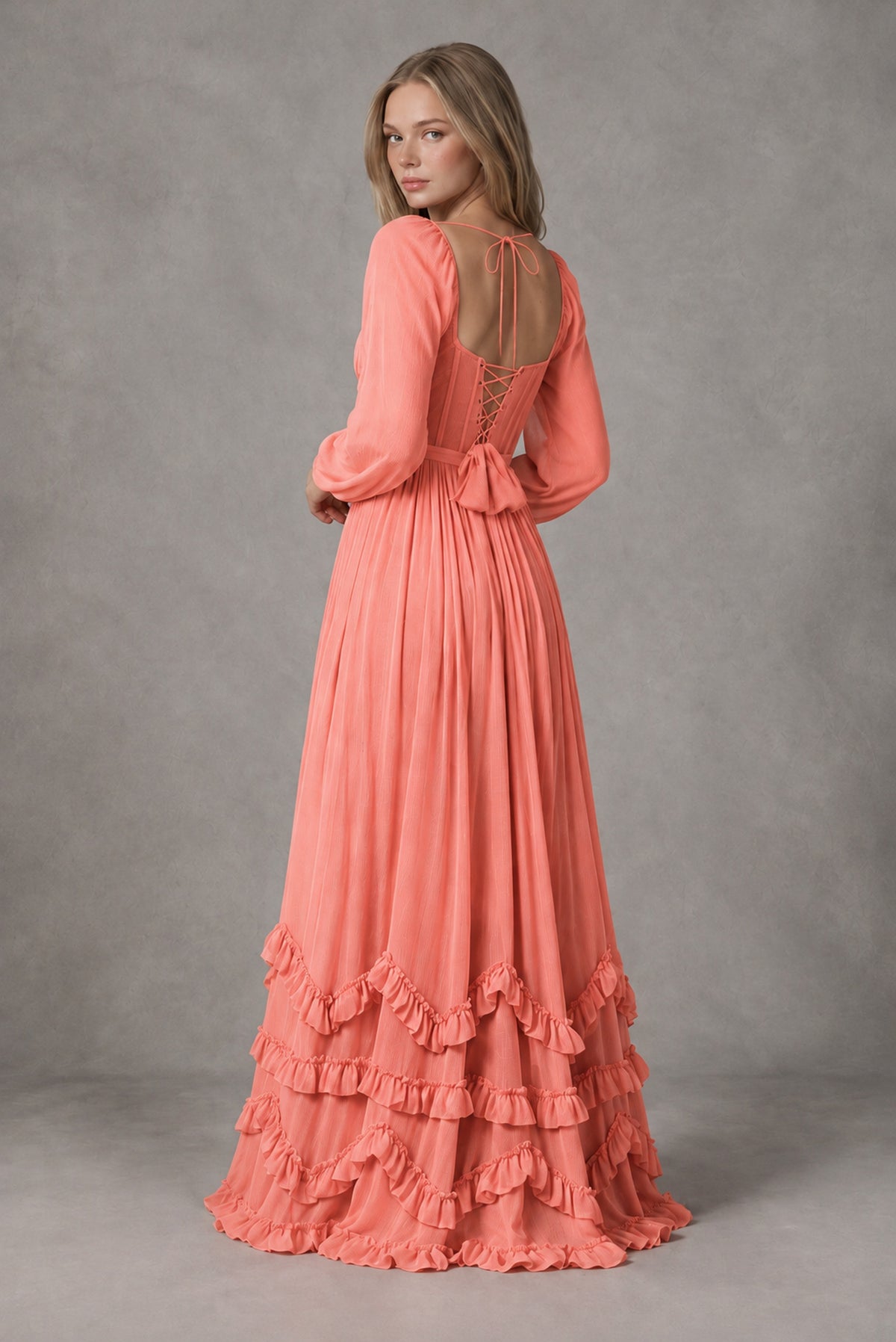 Coral Long-Sleeve Ruffle Maxi Dress with Lace-Up Back and Slit - Coral