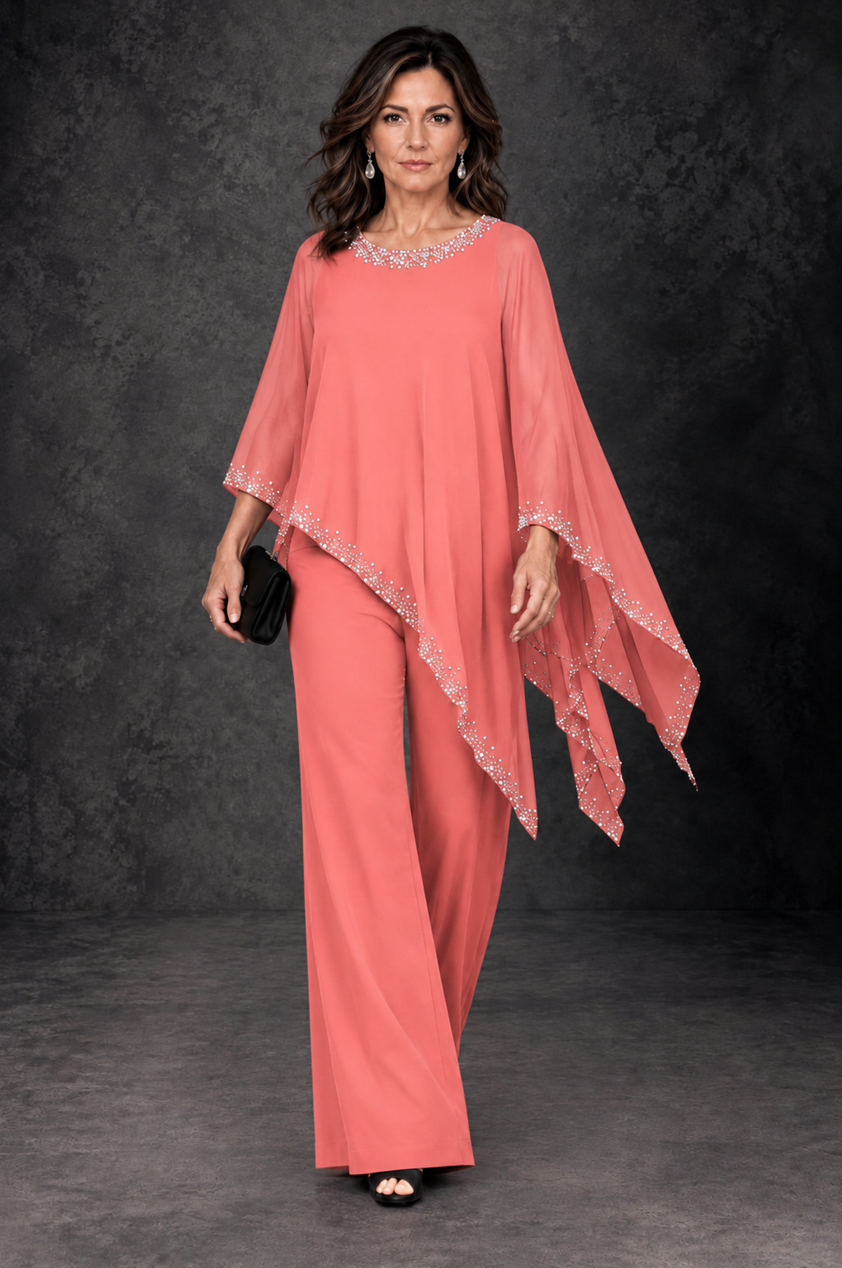 BOLODOO Coral Embellished Cape Mother of the Bride Pantsuit - Coral - Coral_4