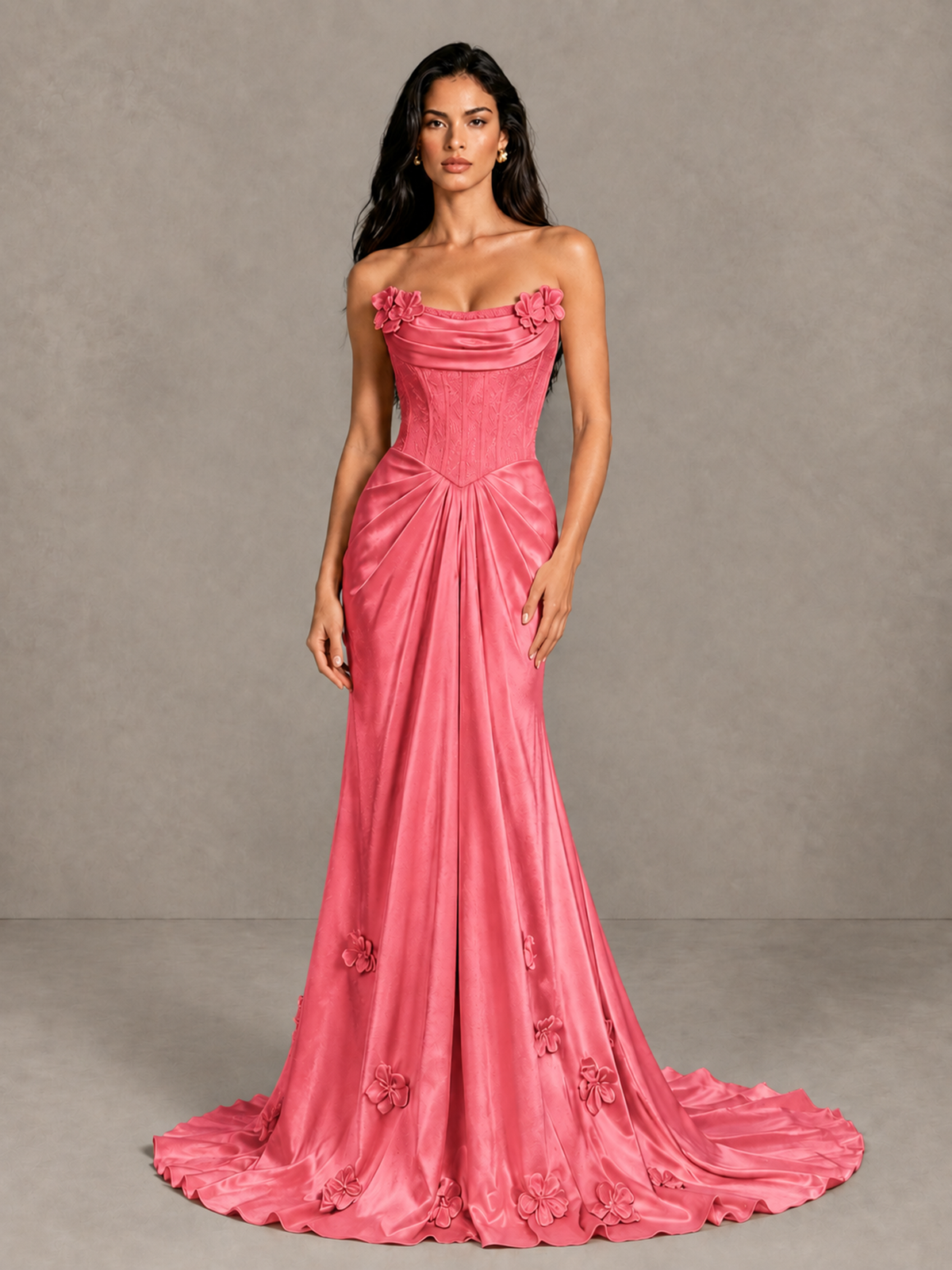 BOLODOO Coral Strapless Floral Corset Evening Gown with Train - Coral - Coral_4