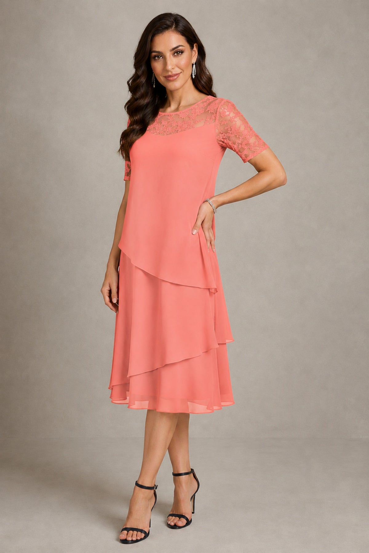 BOLODOO Coral Illusion Lace Short Sleeve Tiered Chiffon Tea Length Dress | Mother of the Bride Midi Dress - Coral