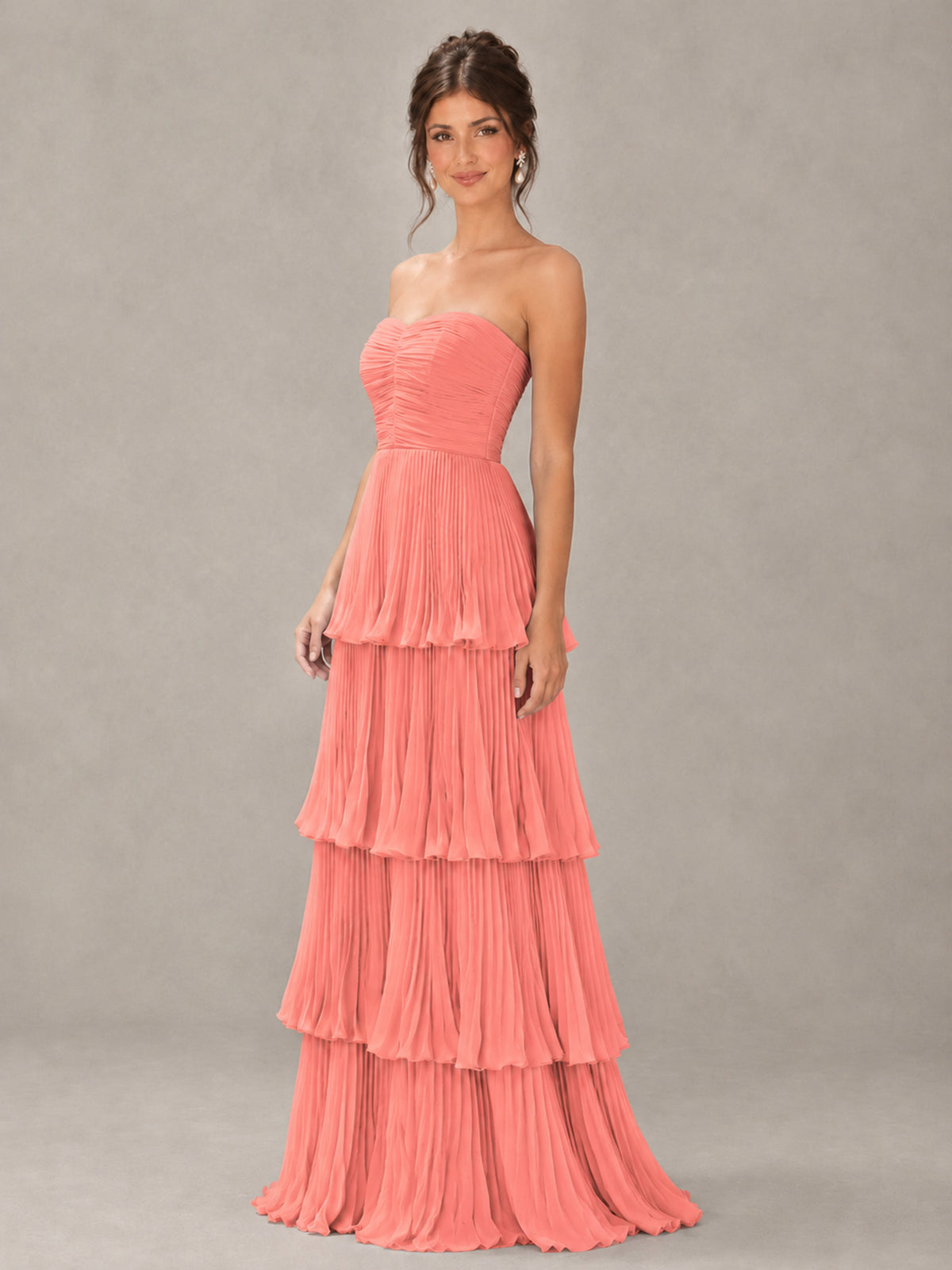 BOLODOO Coral Strapless Tiered Pleated Bridesmaid Dress - Coral - Coral_4