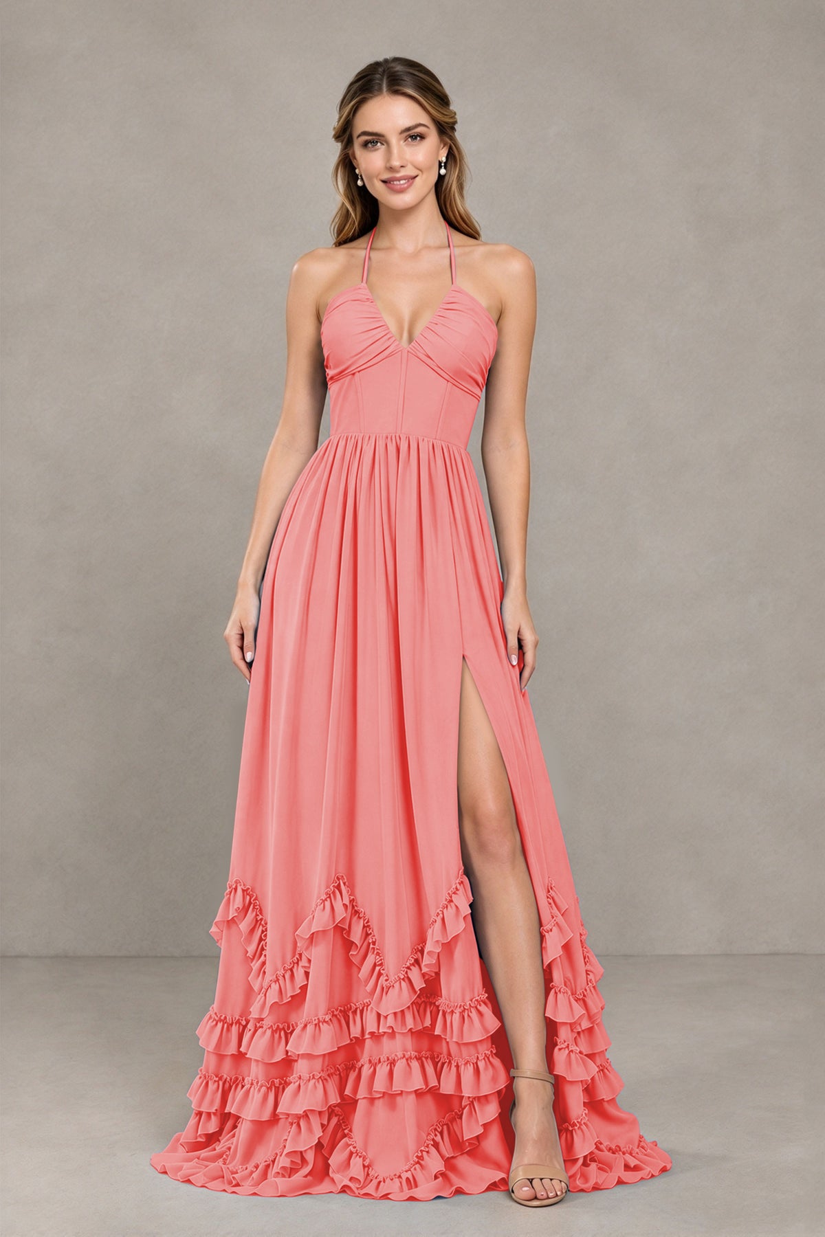 BOLODOO Coral Halter Ruffle Hem A-Line Bridesmaid Dress with High Slit - Coral - Coral(4)
