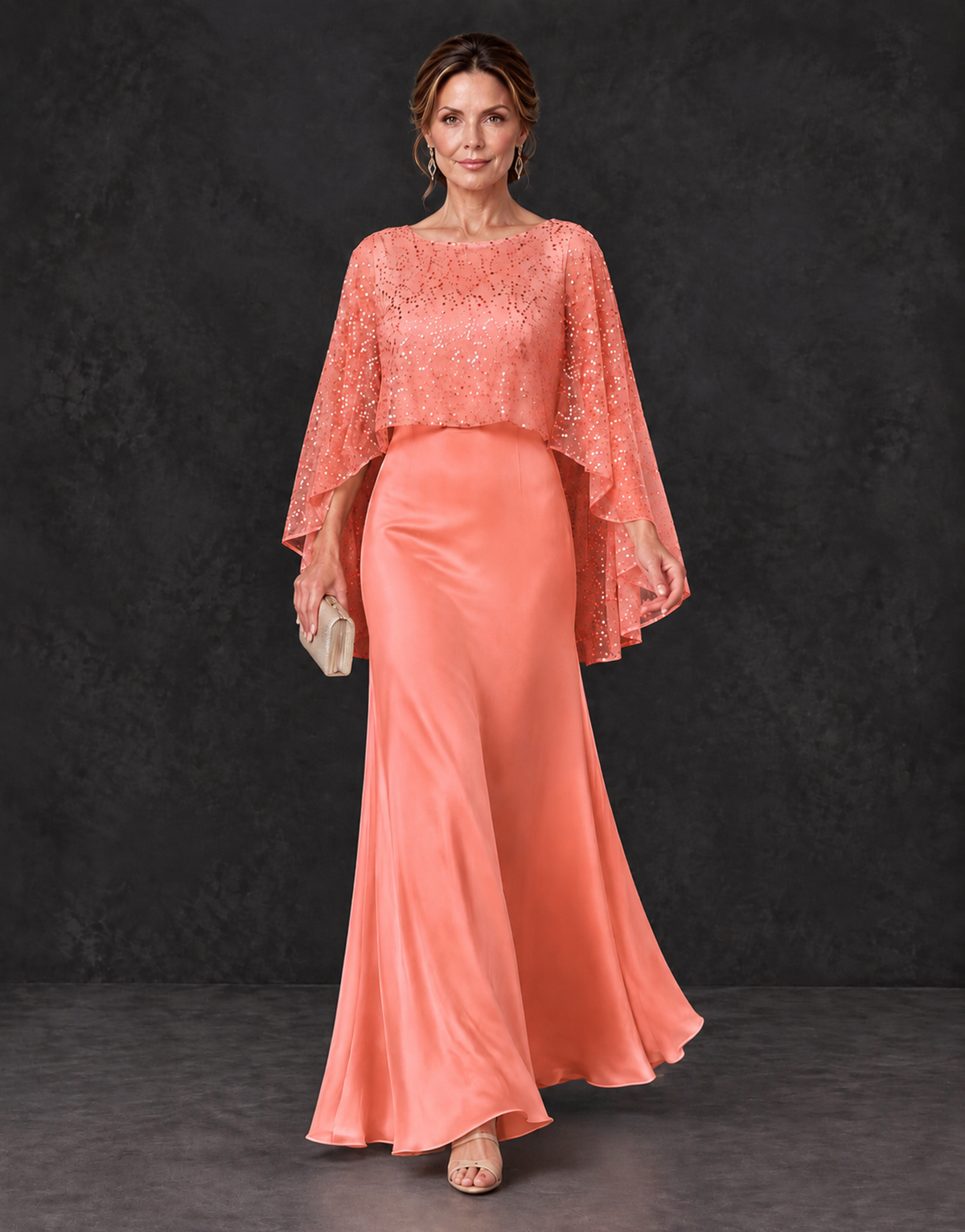 BOLODOO Coral Sparkle Cape Sleeve Mother of the Bride Dress - Coral - Coral_4