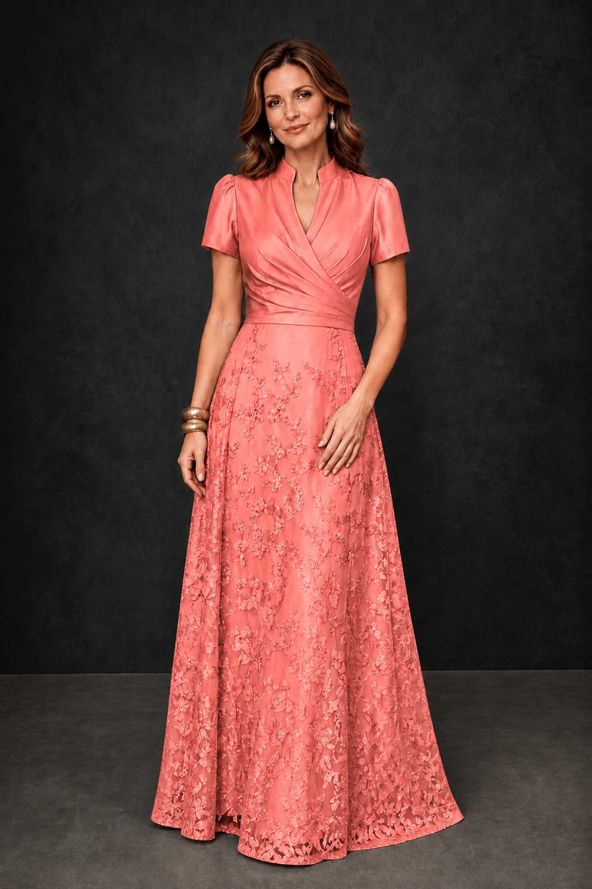 BOLODOO Coral Satin Wrap V-Neck Short Sleeve Lace Glitter A-Line Floor Length Evening Gown – Formal Dress - Coral - Coral_4