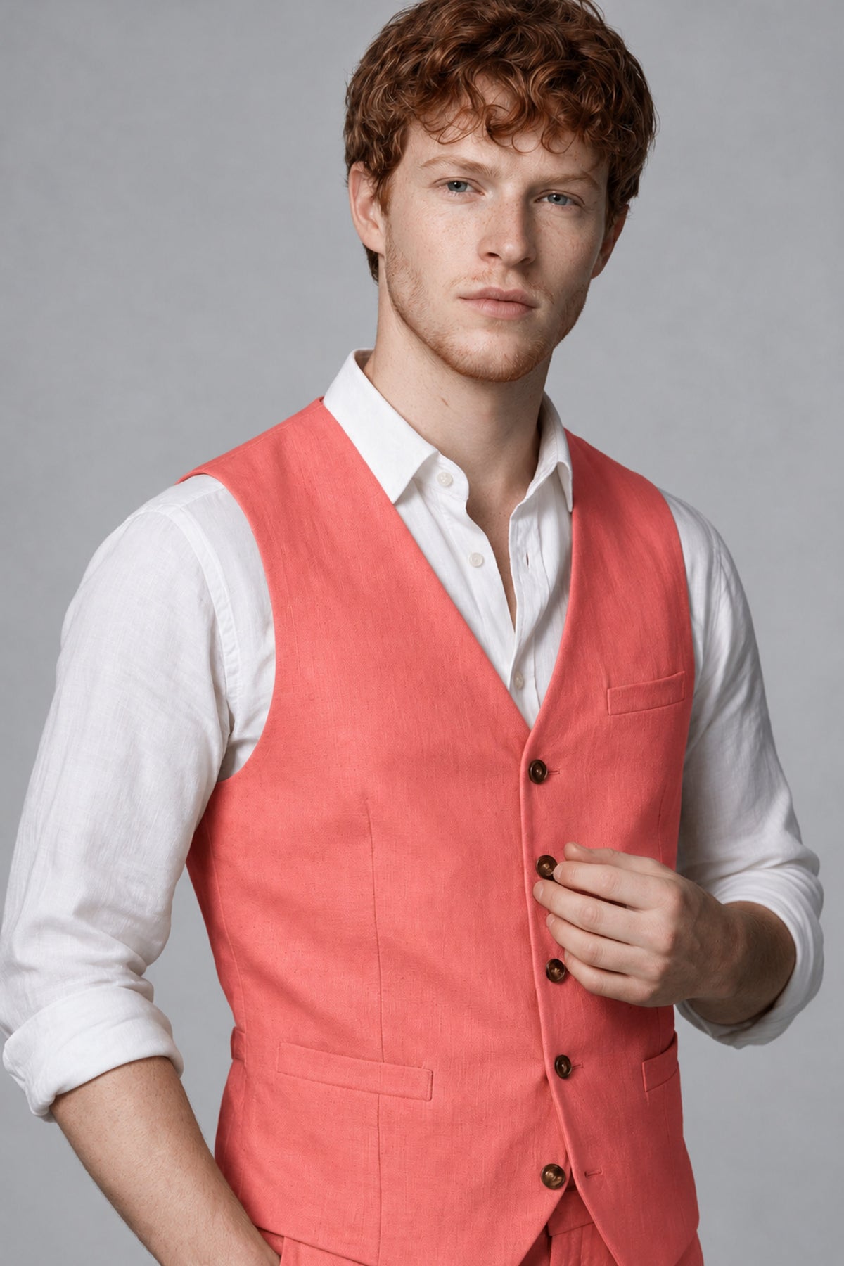 Bolodoo Men's Coral 2-Piece Vest and Pants Set with V-Neck Waistcoat - Coral - Coral_4