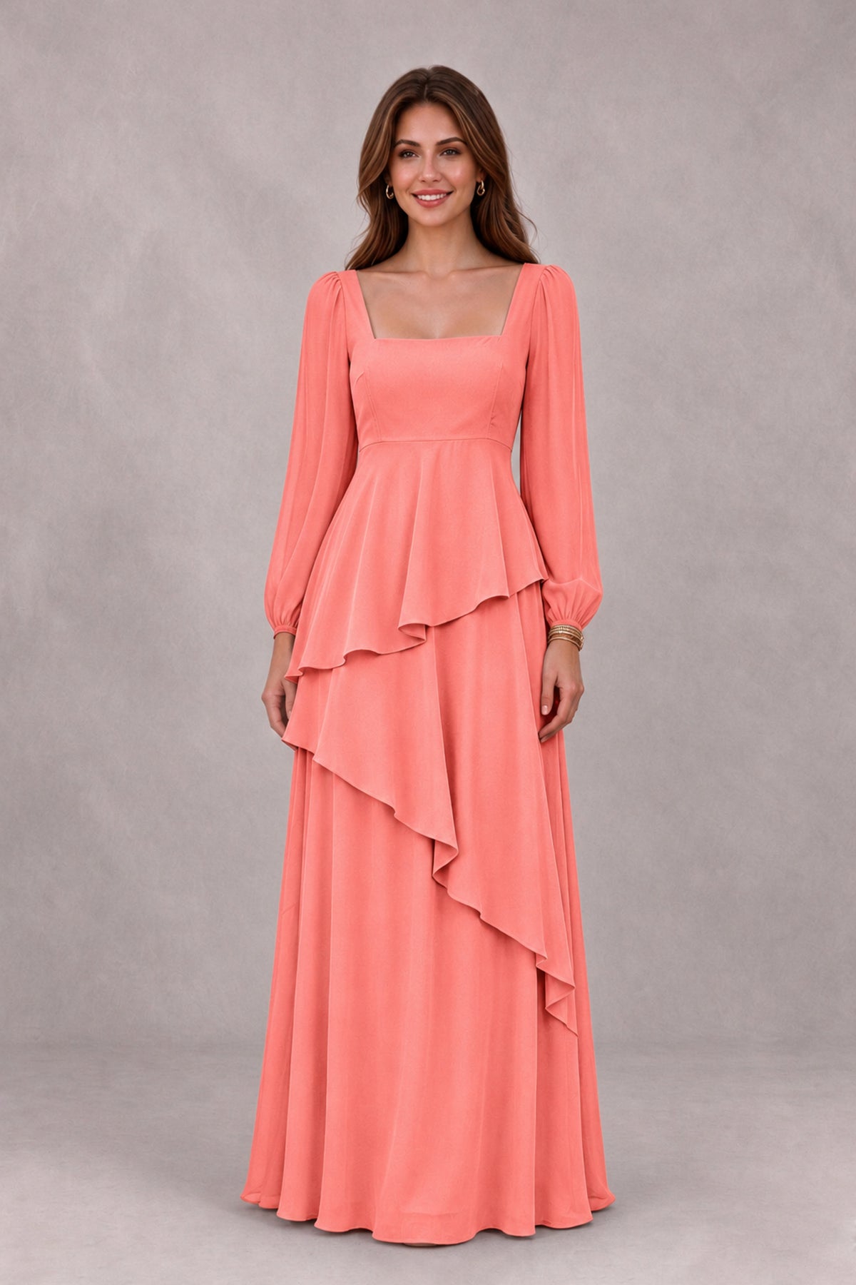 BOLODOO Coral Long Sleeve Ruffle Bridesmaid Dresses - Coral - Coral_4