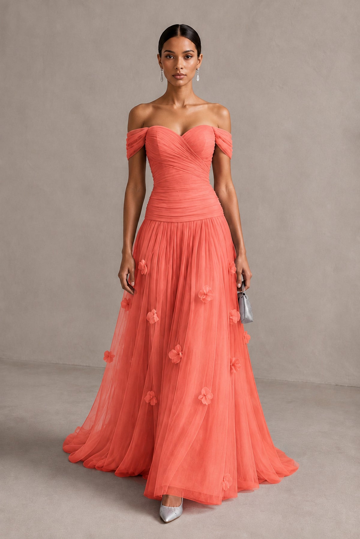 Coral Off-Shoulder Sweetheart A-Line Tulle Gown with 3D Floral Appliques | BOLODOO - Coral