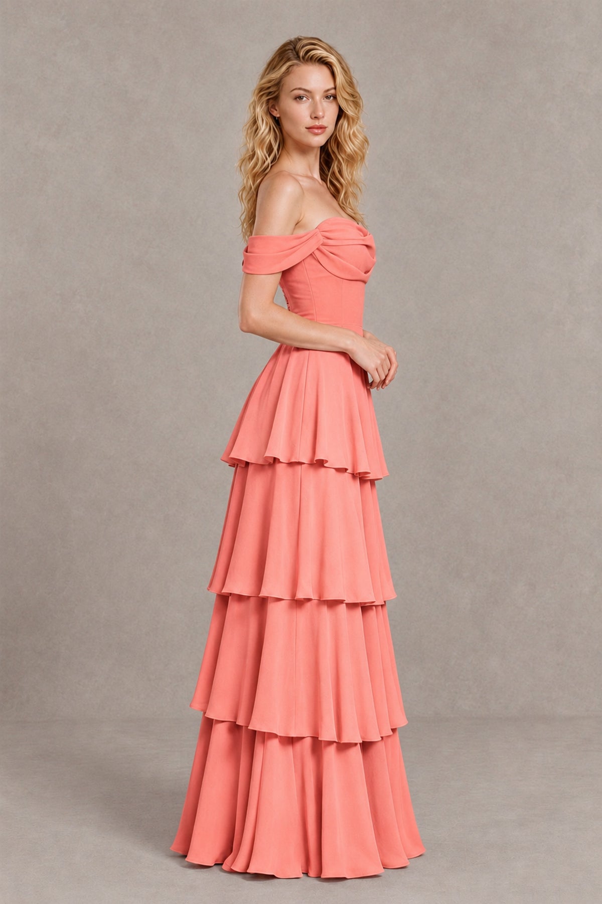 BOLODOO Coral Off-the-Shoulder Tiered A-Line Evening Bridesmaid Dress - Coral - Coral_4