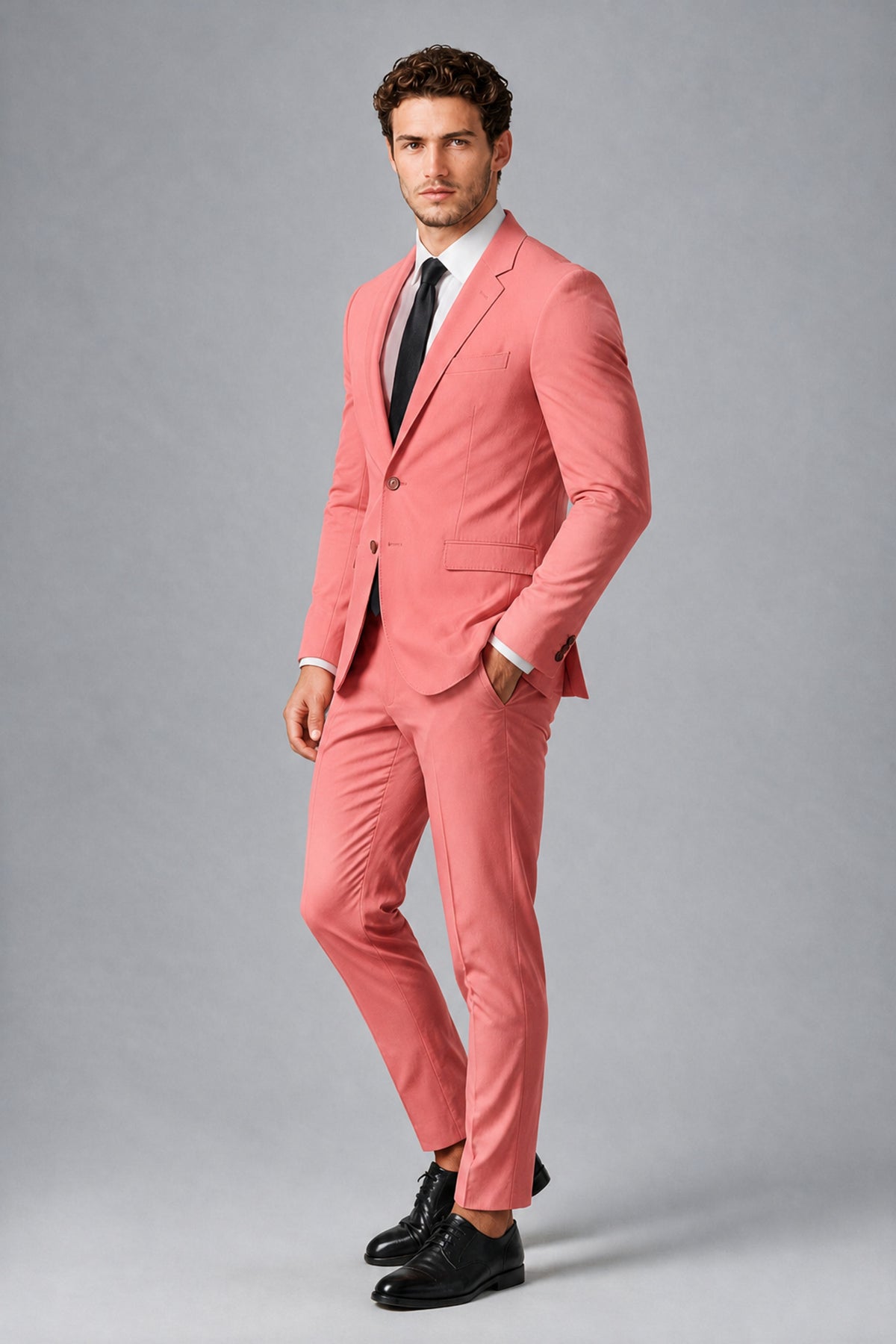Bolodoo Men's Coral Two-Piece Suit with Notch-Lapel Jacket & Trousers - Coral - Coral_4