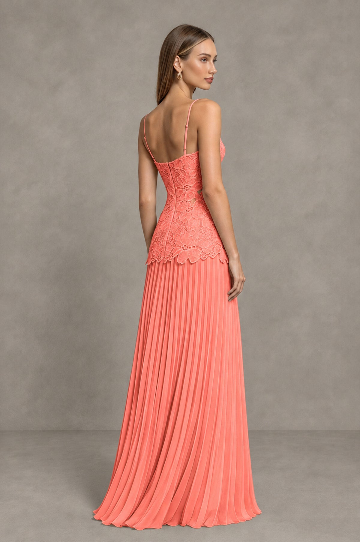 BOLODOO Coral Lace Bodice Pleated Wedding Guest Dress - Coral - Coral_4