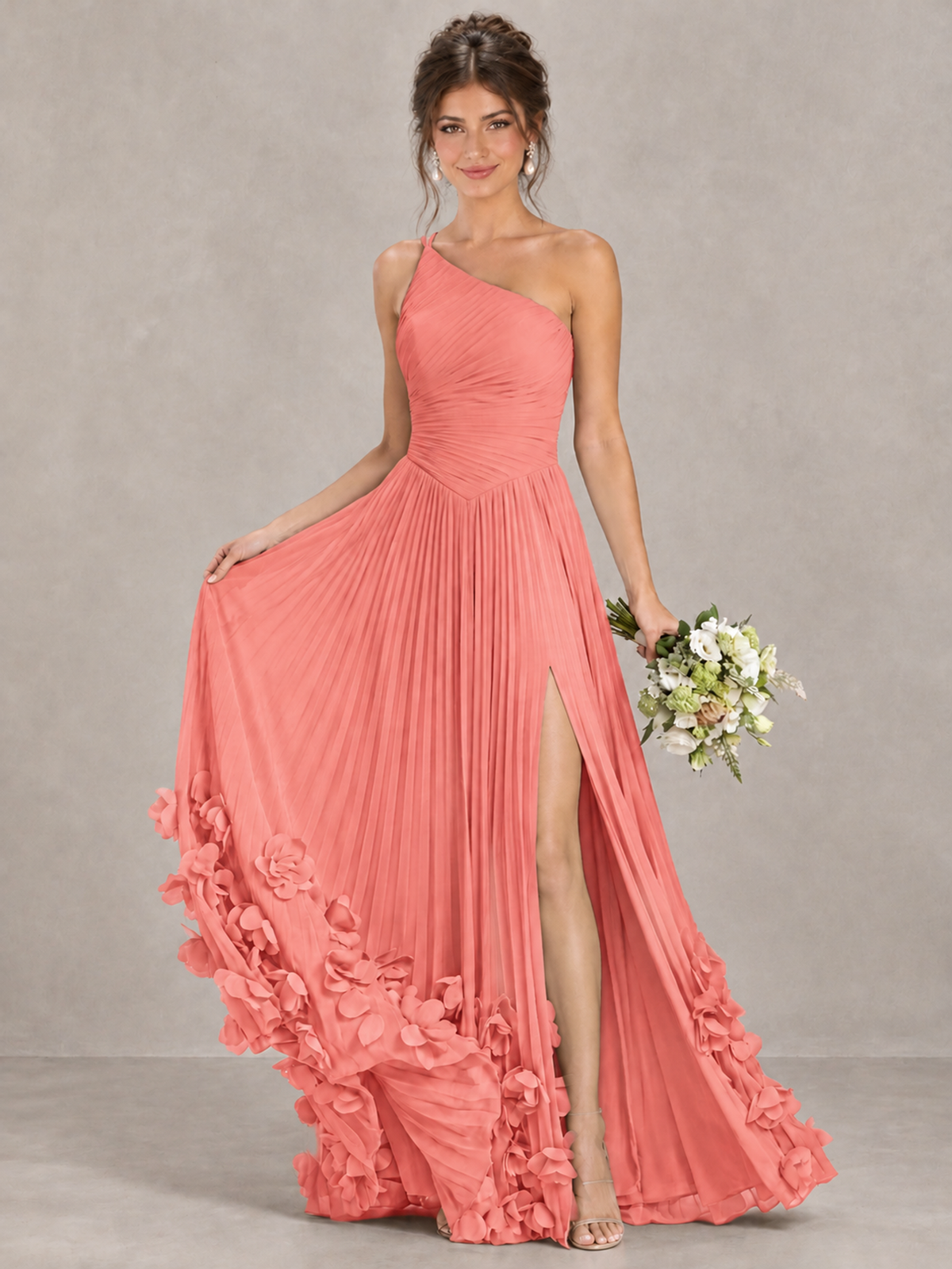 BOLODOO Coral One-Shoulder Pleated Bridesmaid Dress with 3D Floral Hem - Coral - Coral_4