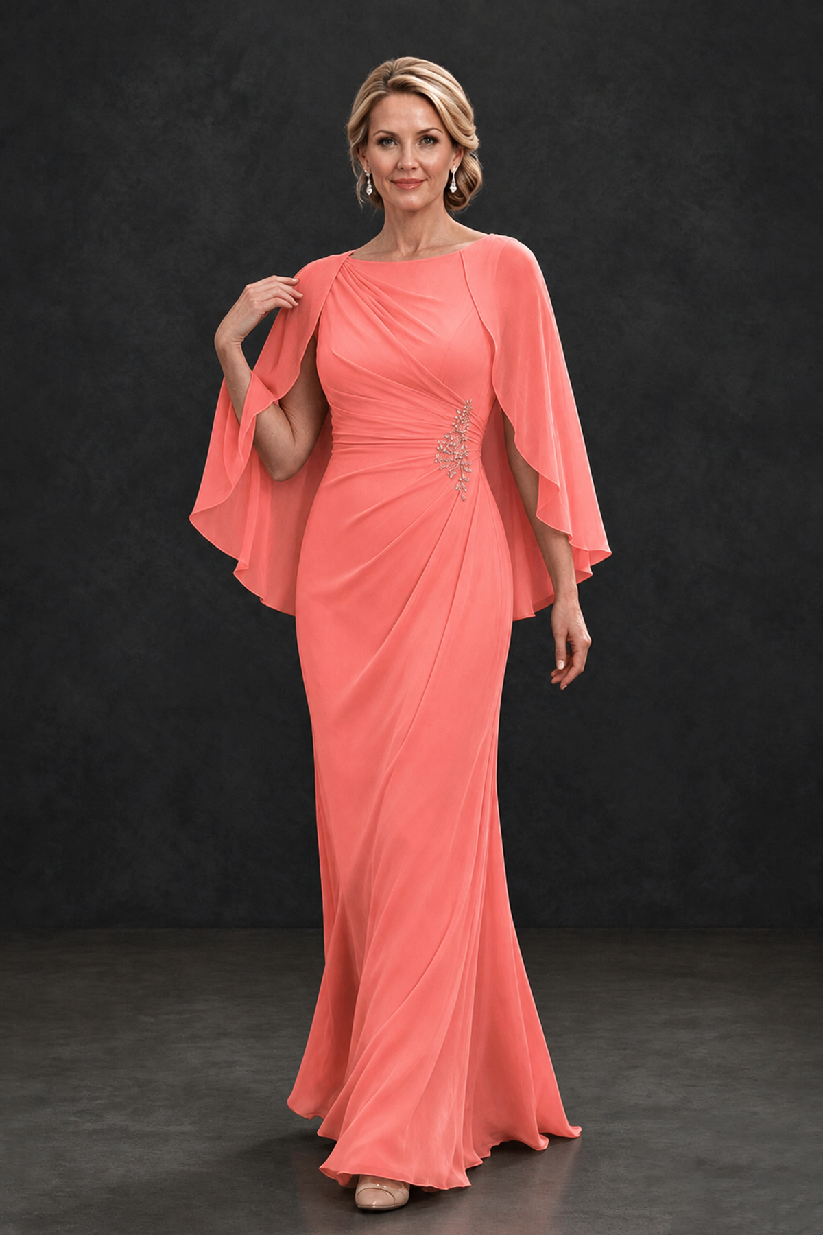 BOLODOO Coral Cape Sleeve Mother of the Bride Dress with Ruched Waist - Coral - Coral_4
