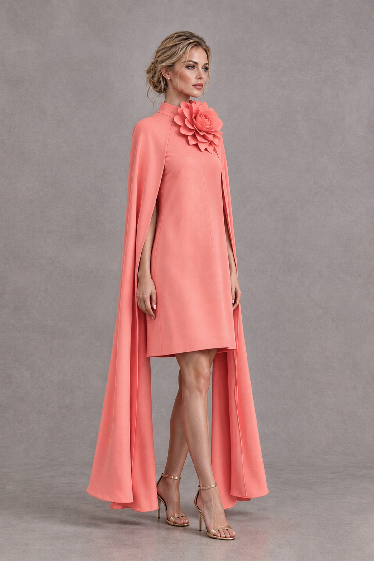 BOLODOO Coral High Neck Floral Cape Mini Cocktail Dress - Coral - Coral_4