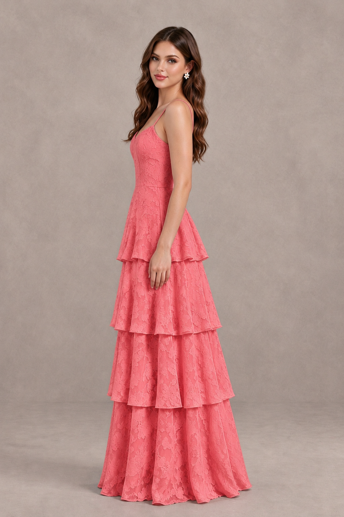 BOLODOO Coral Tiered Floral-Textured Spaghetti Strap Maxi Dress - Coral - Coral_4