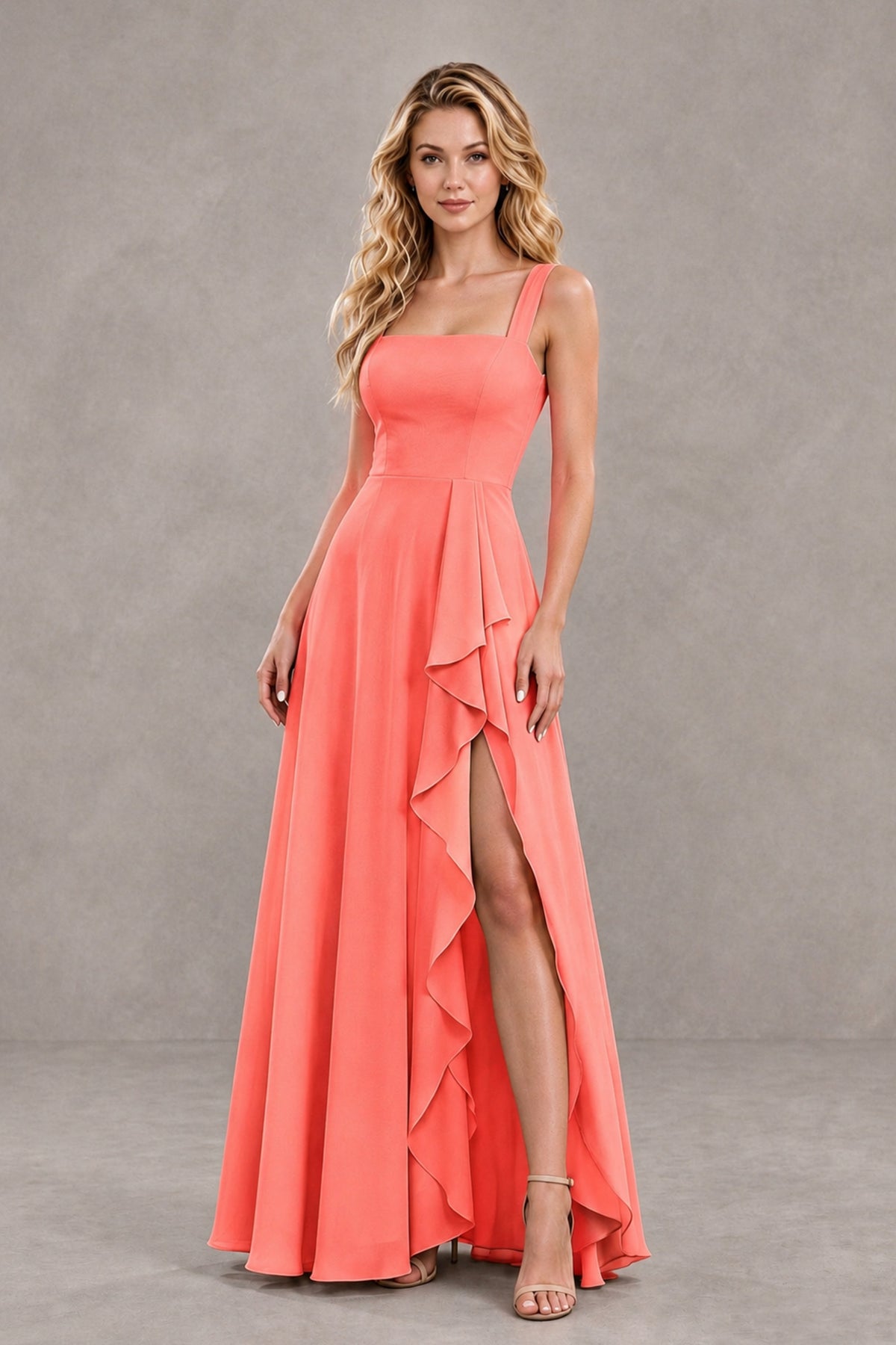 BOLODOO Coral Square Neck Ruffle A-Line Bridesmaid Dress with Slit - Coral - Coral_4
