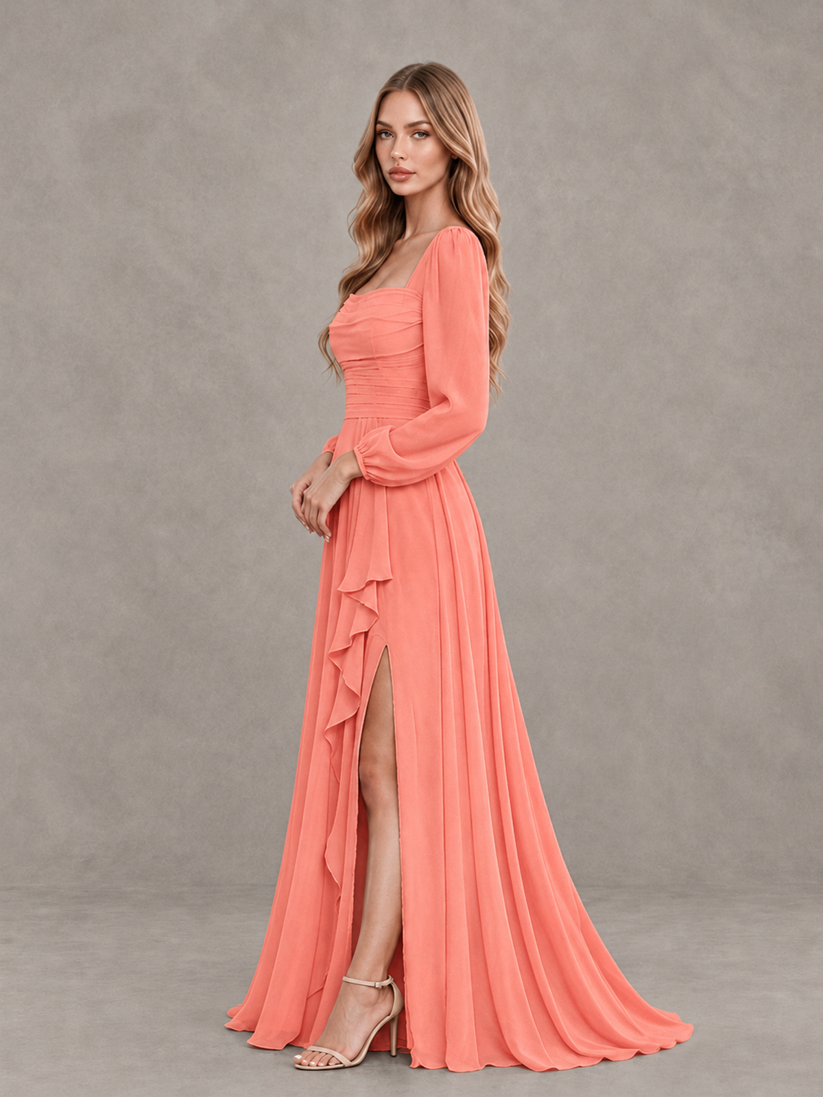 BOLODOO Coral Square Neck Long Sleeve Bridesmaid Dress with Ruffle Slit - Coral - Coral_4