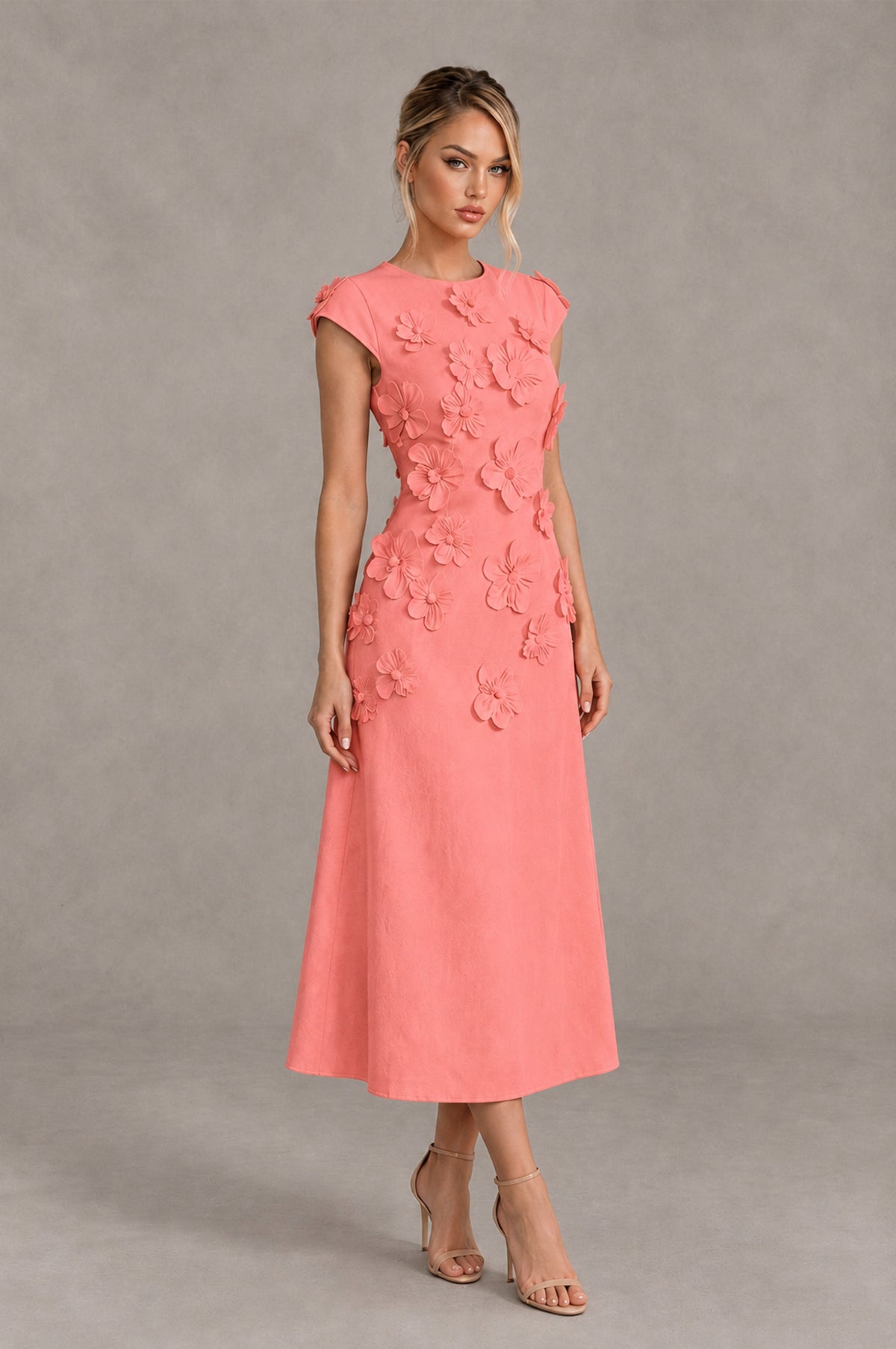 BOLODOO Coral 3D Floral Cap Sleeve Midi Cocktail Dress - Coral - Coral_4