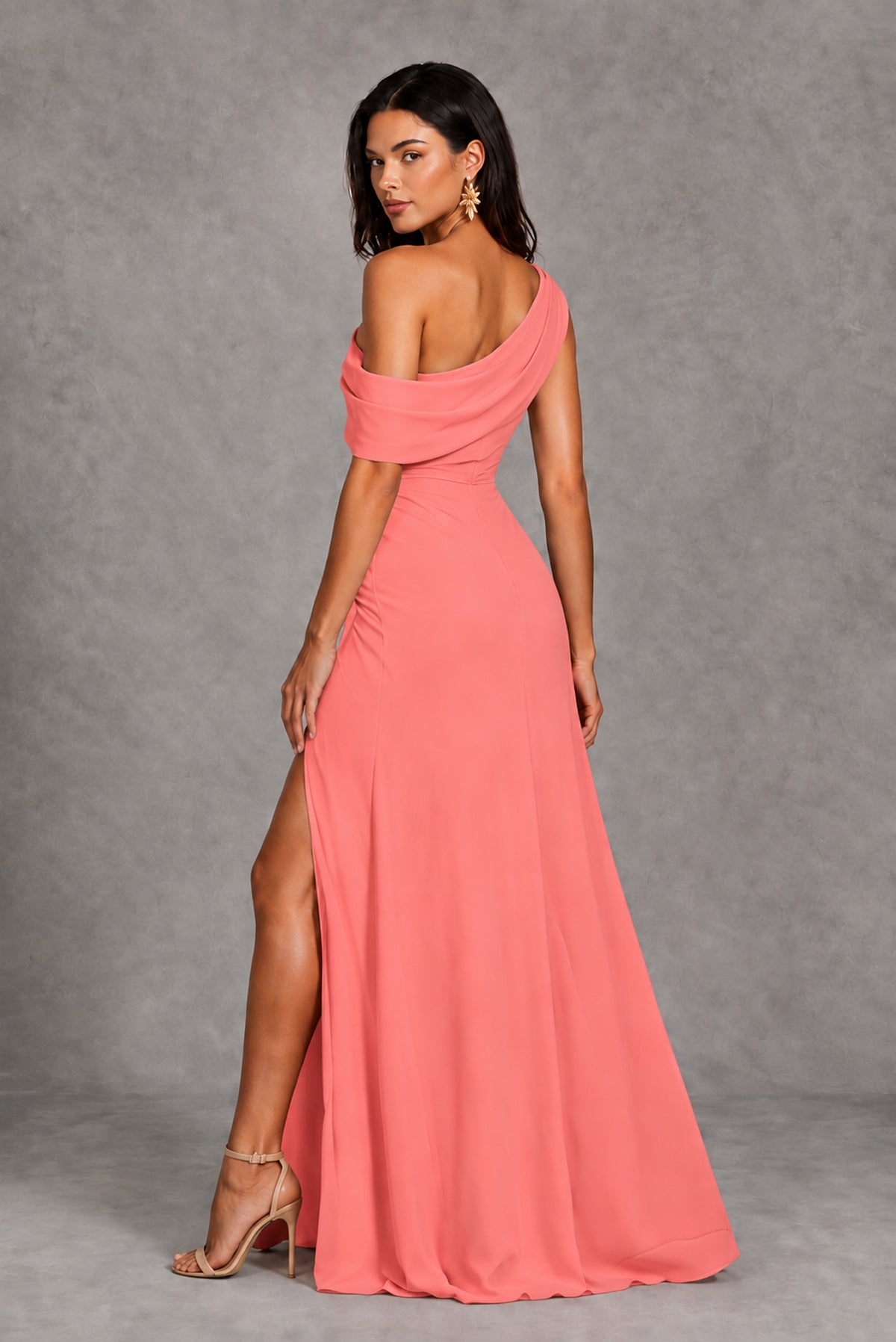 Coral One-Shoulder Floor-Length Evening Gown with High Slit - Coral