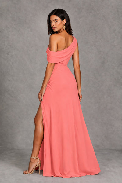 Coral One-Shoulder Floor-Length Evening Gown with High Slit - Coral