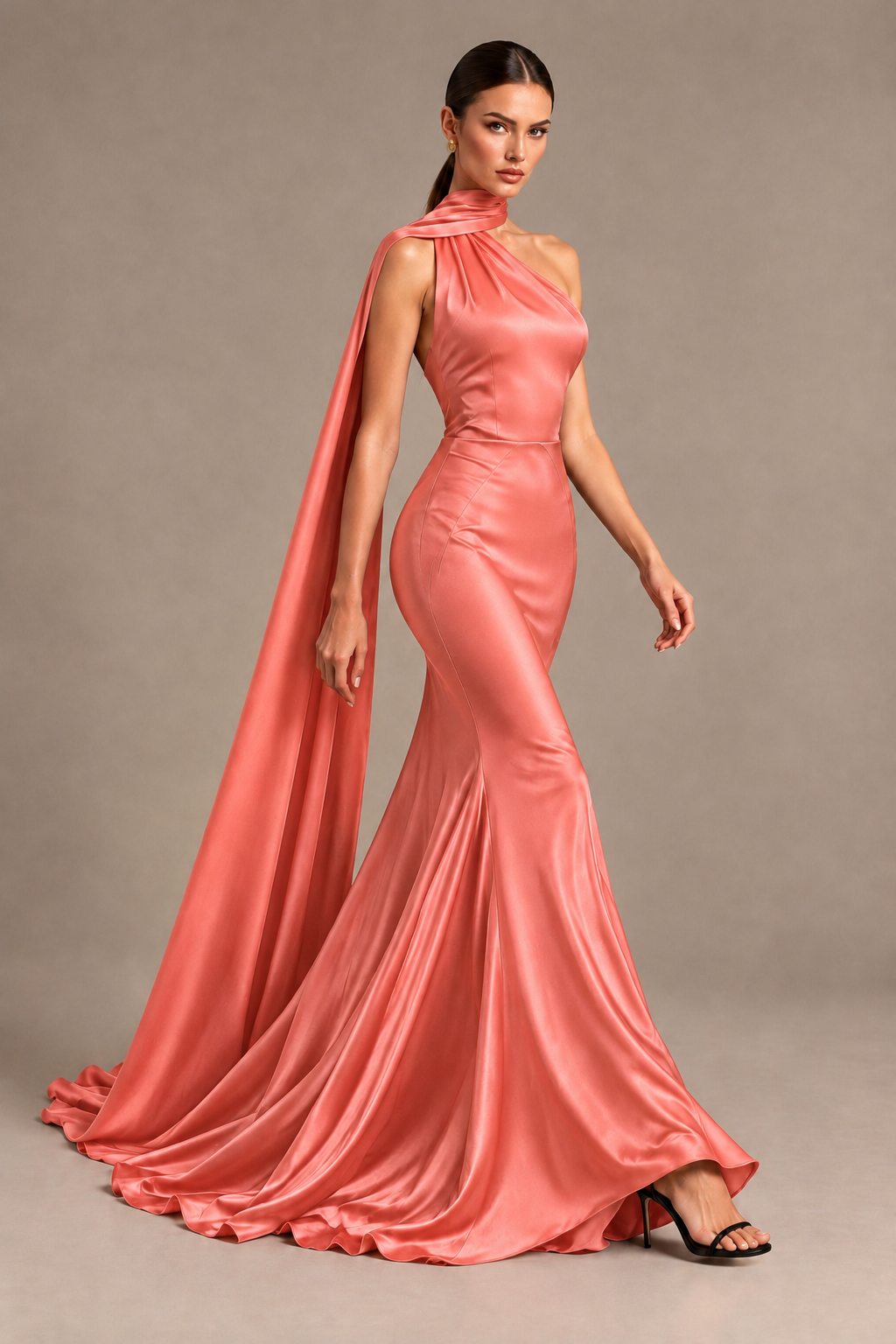 BOLODOO Coral One-Shoulder Satin Mermaid Evening Dress with Scarf - Coral - Coral_4