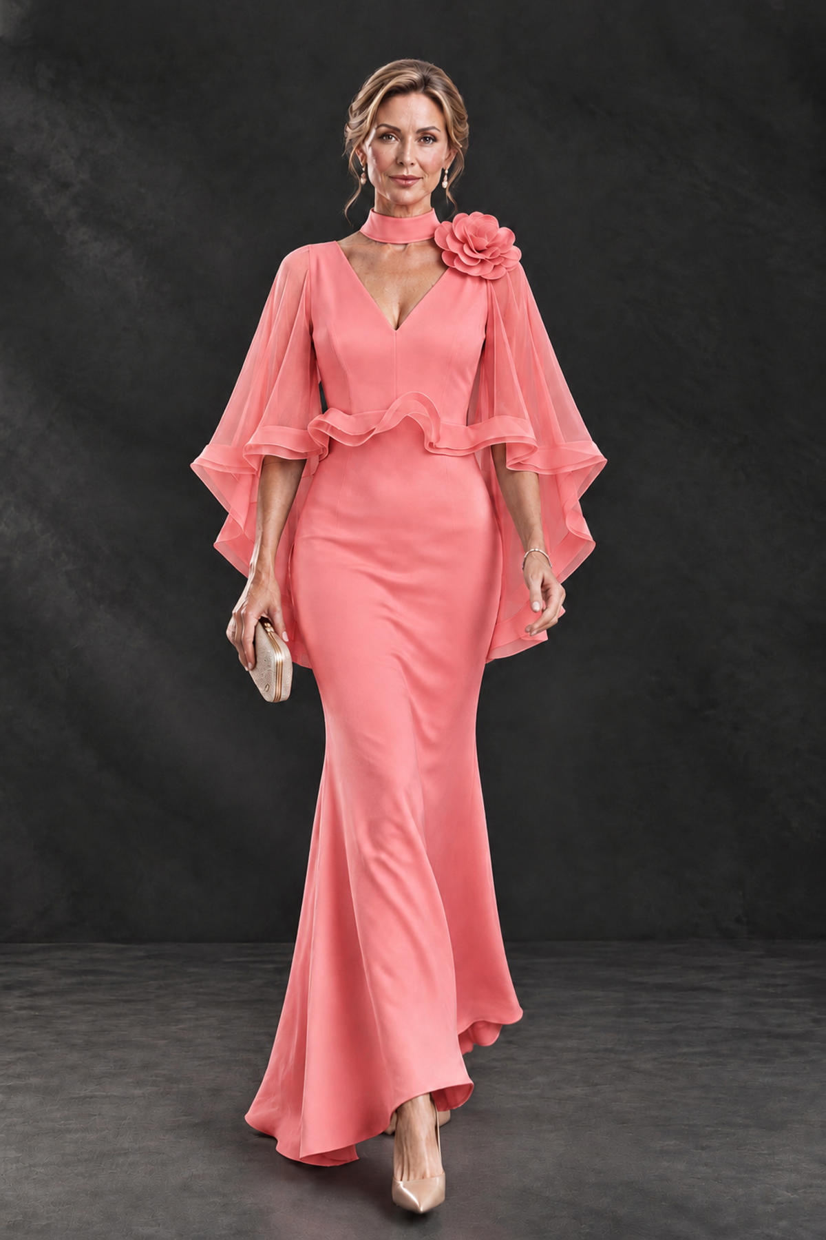 BOLODOO Coral Floral Cape Sleeve Mother of the Bride Dress - Coral - Coral_4