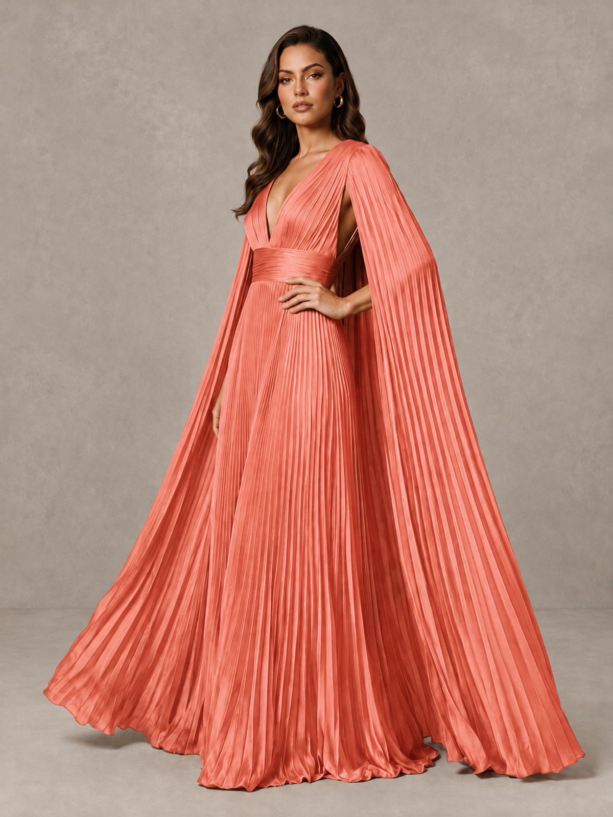 BOLODOO Coral Deep V-Neck Pleated Cape Sleeve Evening Gown - Coral - Coral_4