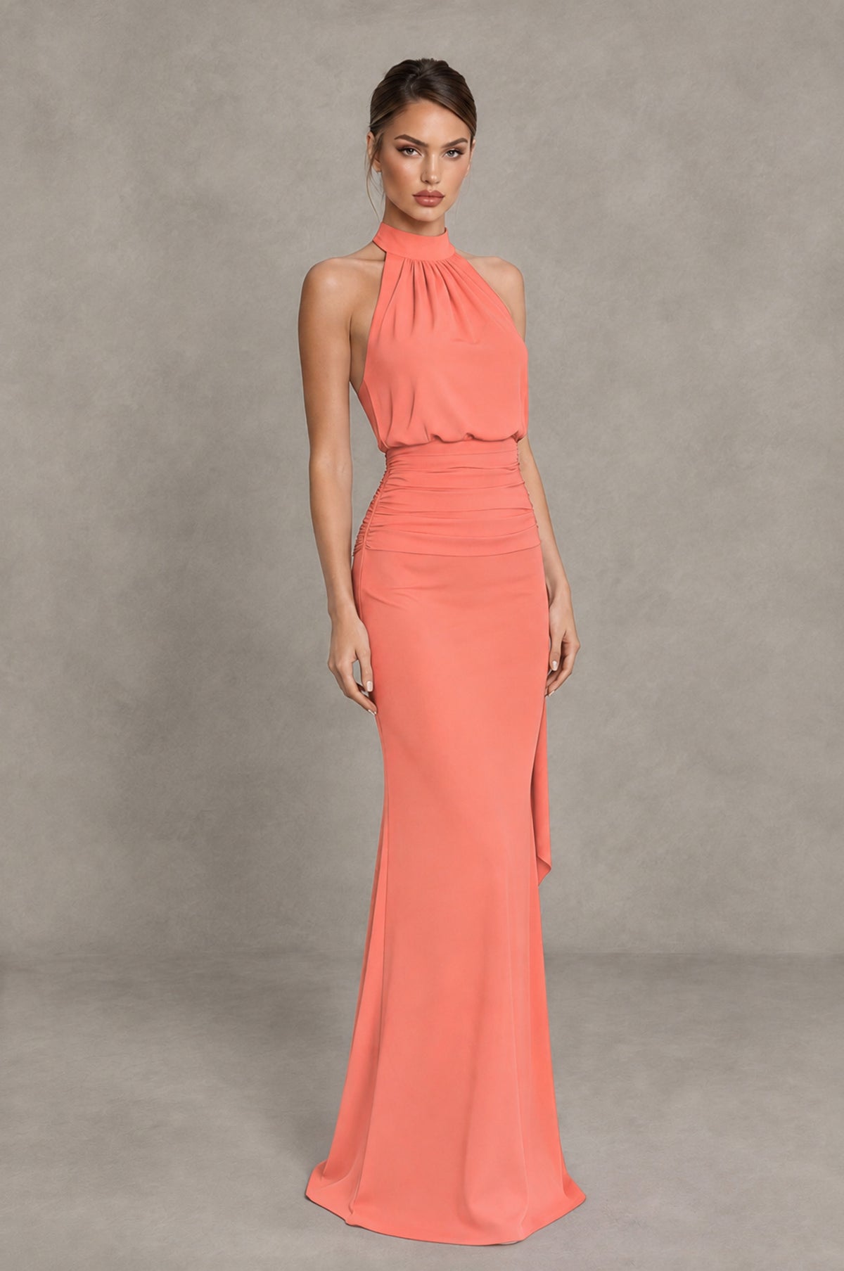 BOLODOO Coral Chiffon Halter Maxi Formal Wedding Guest Dress - Coral - Coral_4