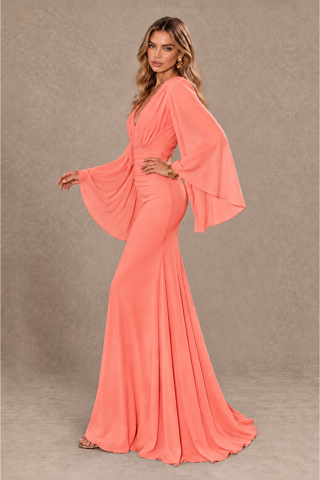 BOLODOO Coral Cape Sleeve V-Neck Ruched Chiffon Evening Dress - Coral - Coral_4