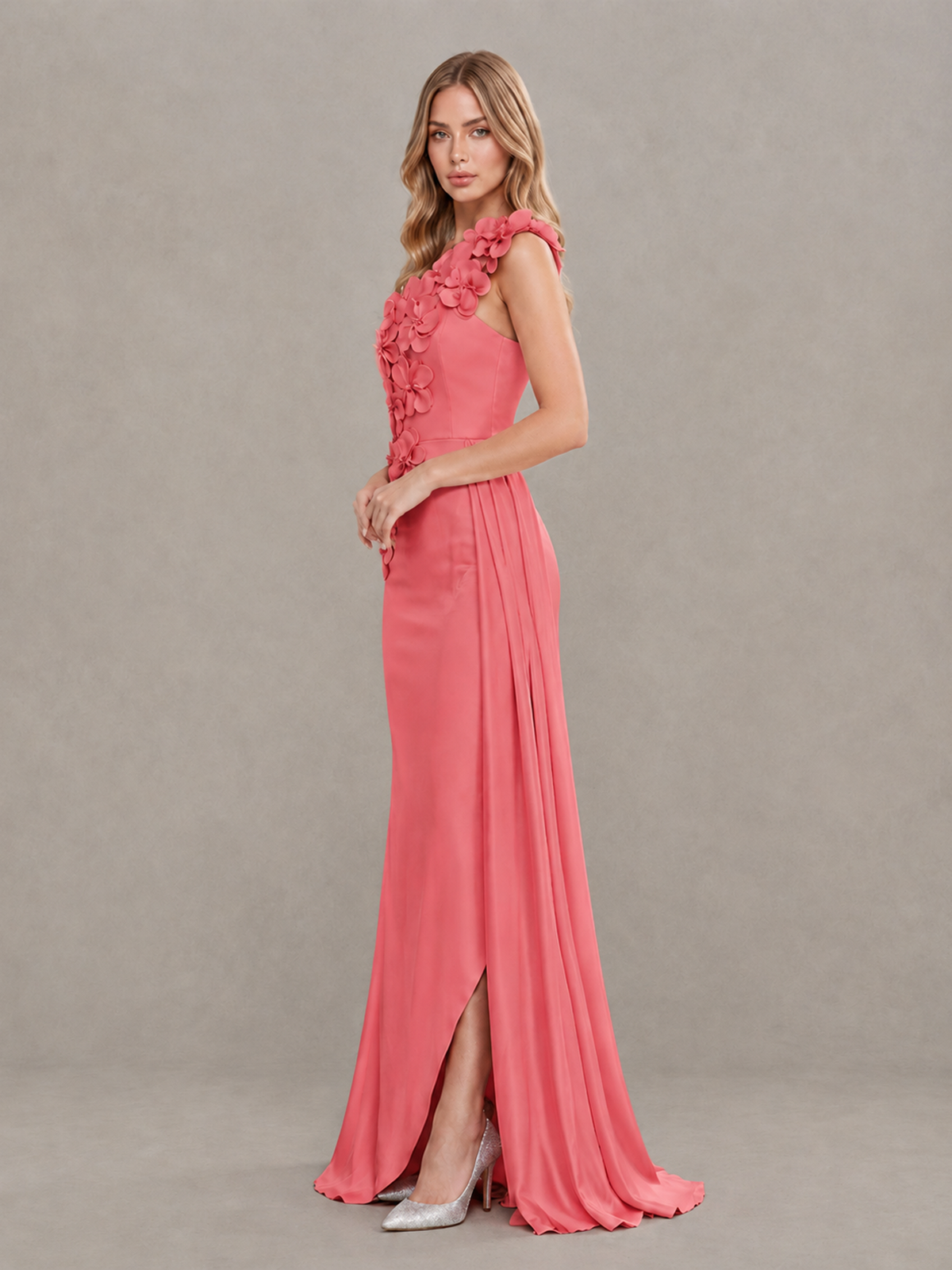 BOLODOO Coral One-Shoulder Satin Mermaid Evening Gown with 3D Floral Appliqué - Coral - Coral_4