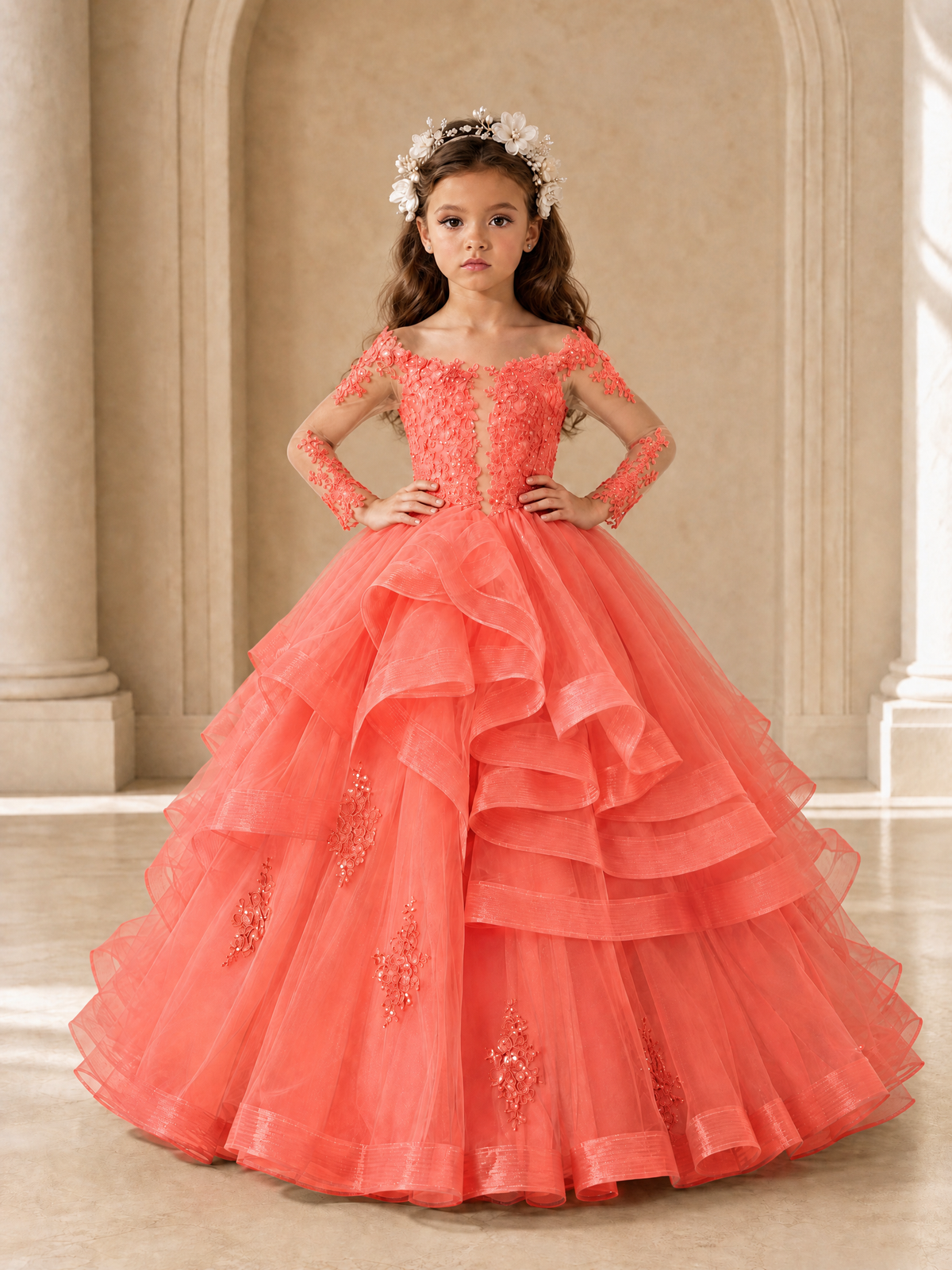 BOLODOO Coral Lace Long Sleeve Tiered Flower Girl Dress - Coral - Coral_4