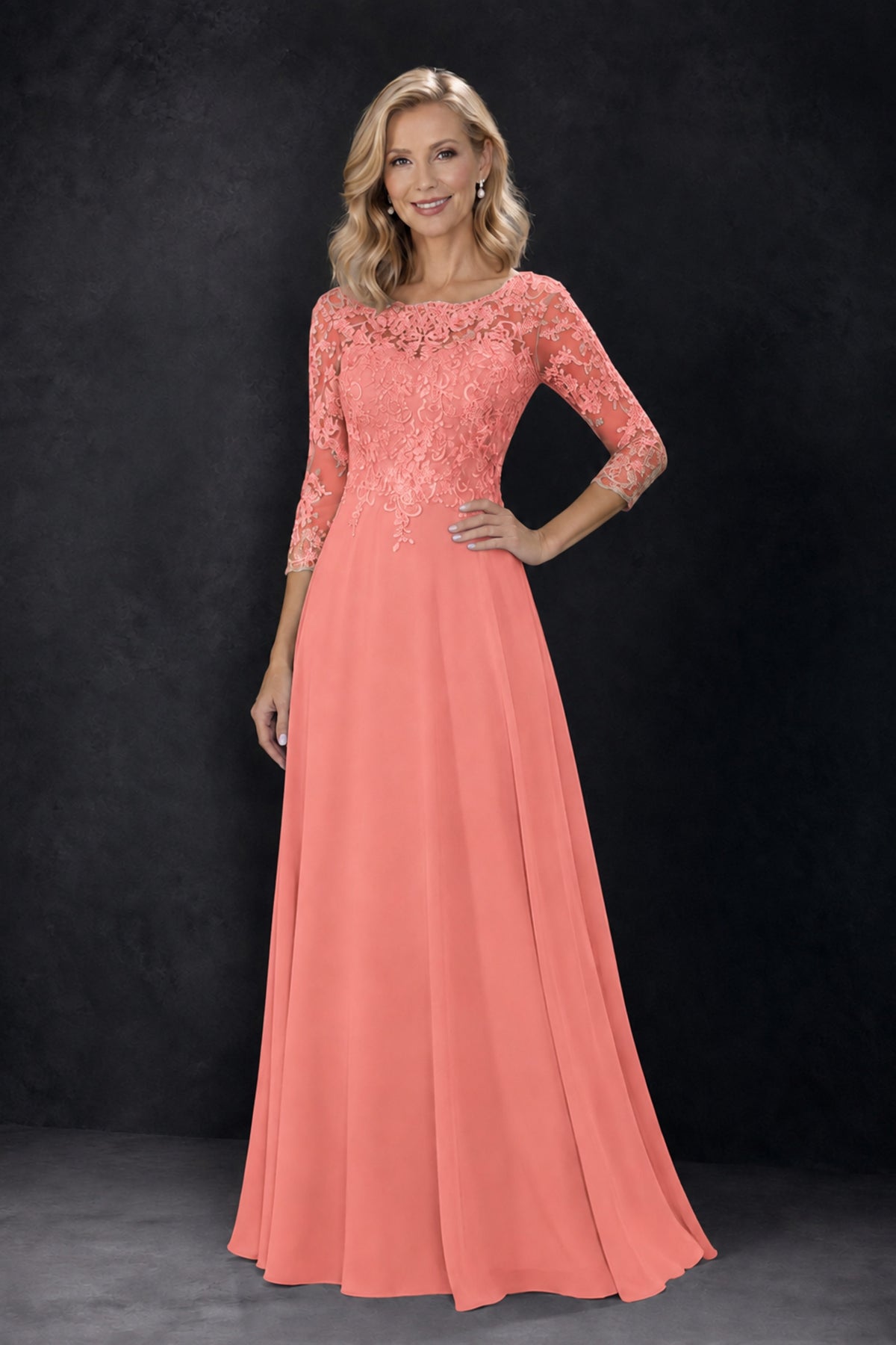 BOLODOO Coral Lace Embroidered Mother of the Bride Dress with 3/4 Sleeves - Coral