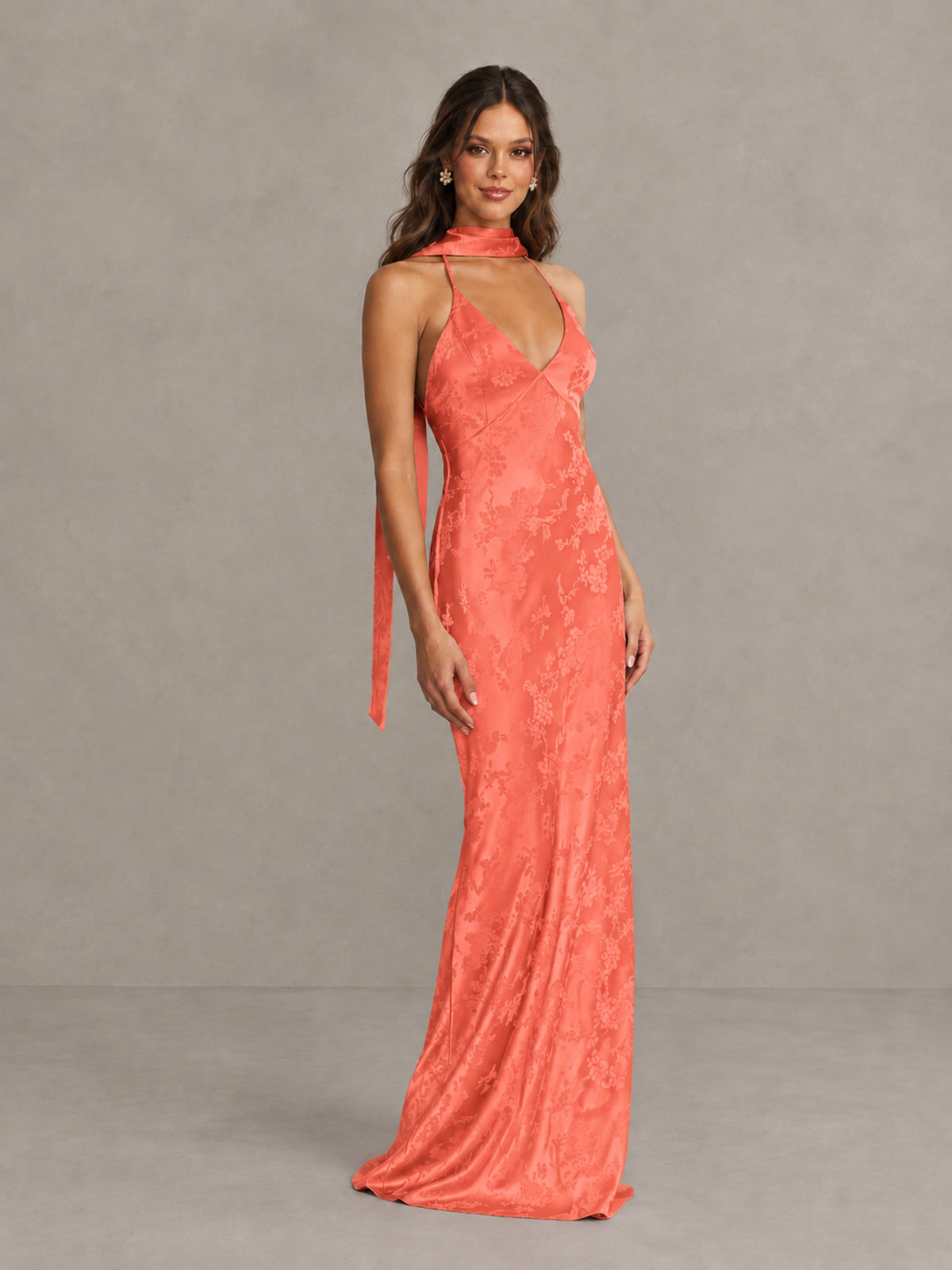 BOLODOO Coral Floral Satin Open-Back Bridesmaid Dress - Coral - Coral_4