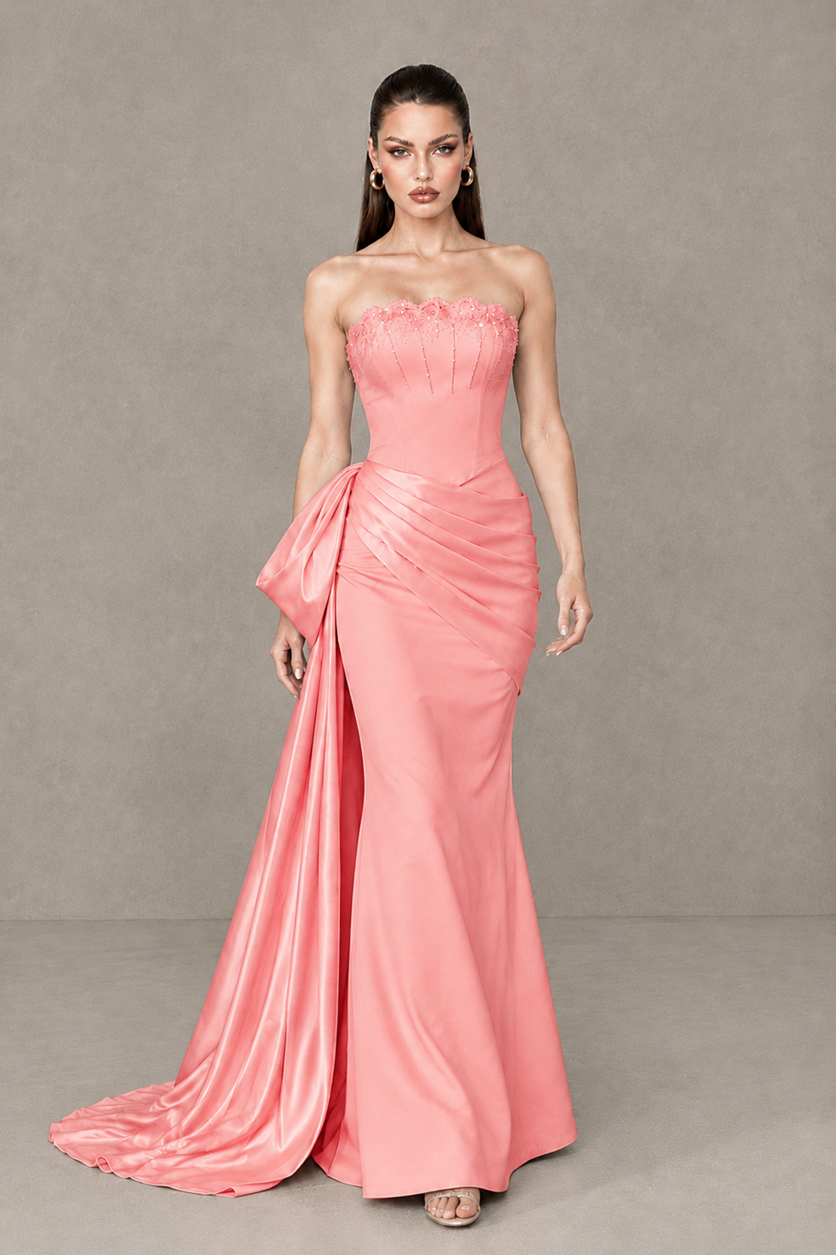 BOLODOO Coral Strapless Satin Prom Dress with Draped Side Train - Coral - Coral_4