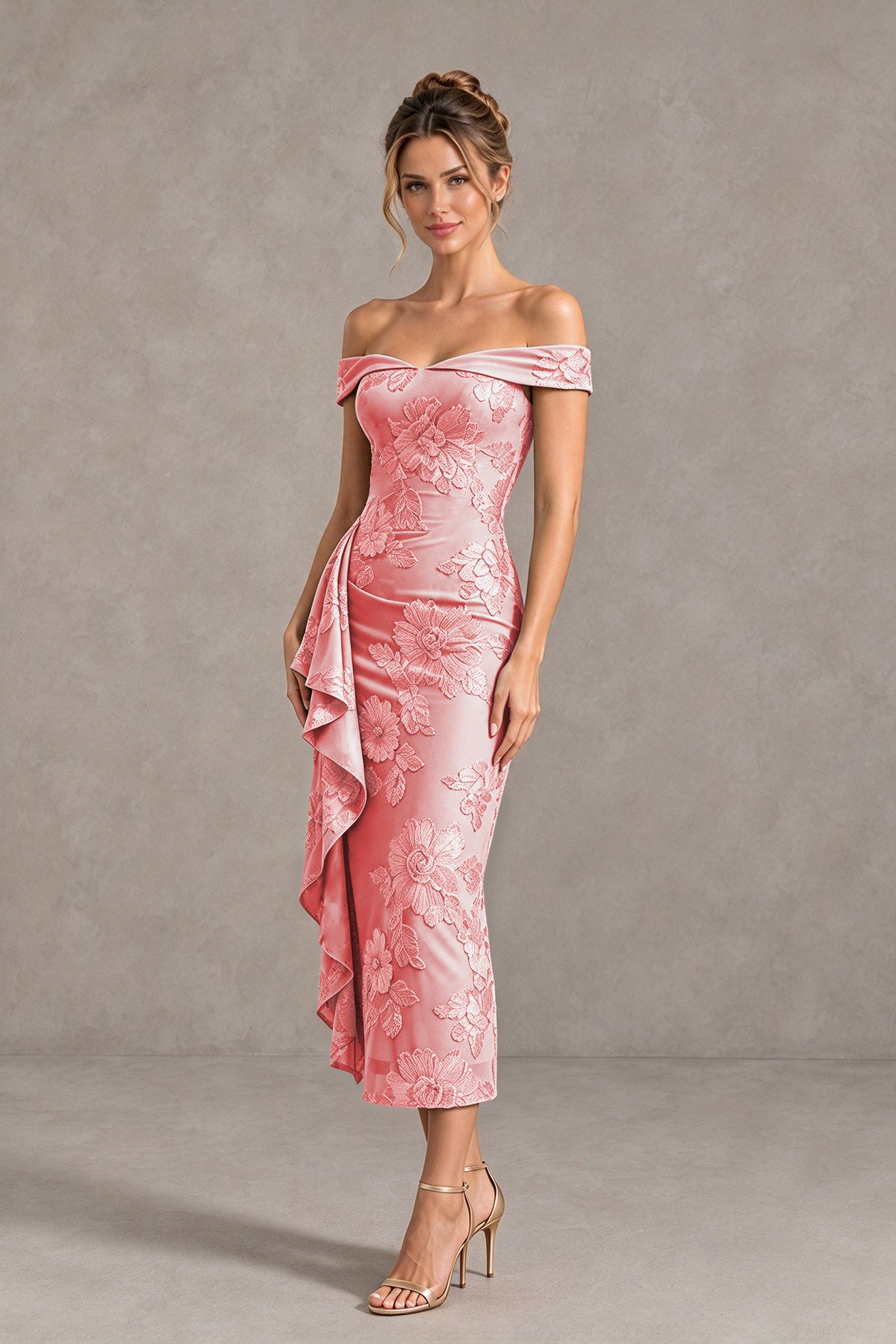 BOLODOO Coral Off Shoulder Floral Jacquard Midi Dress - Coral - Coral(4)