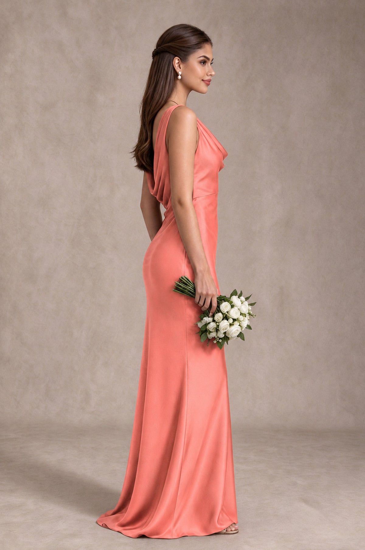 BOLODOO Coral Cowl Neck Open Back Satin Bridesmaid Dress - Coral - Coral_4
