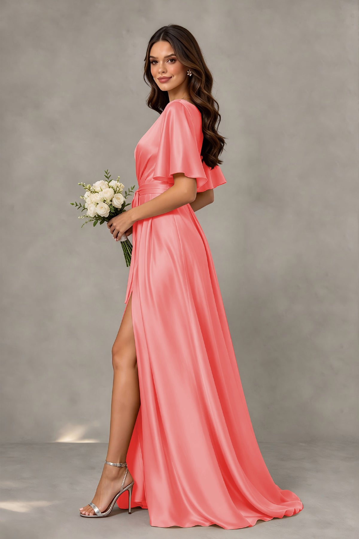 BOLODOO Coral Satin V-Neck Flutter Sleeve Bridesmaid Dress with Slit - Coral - Coral(4)