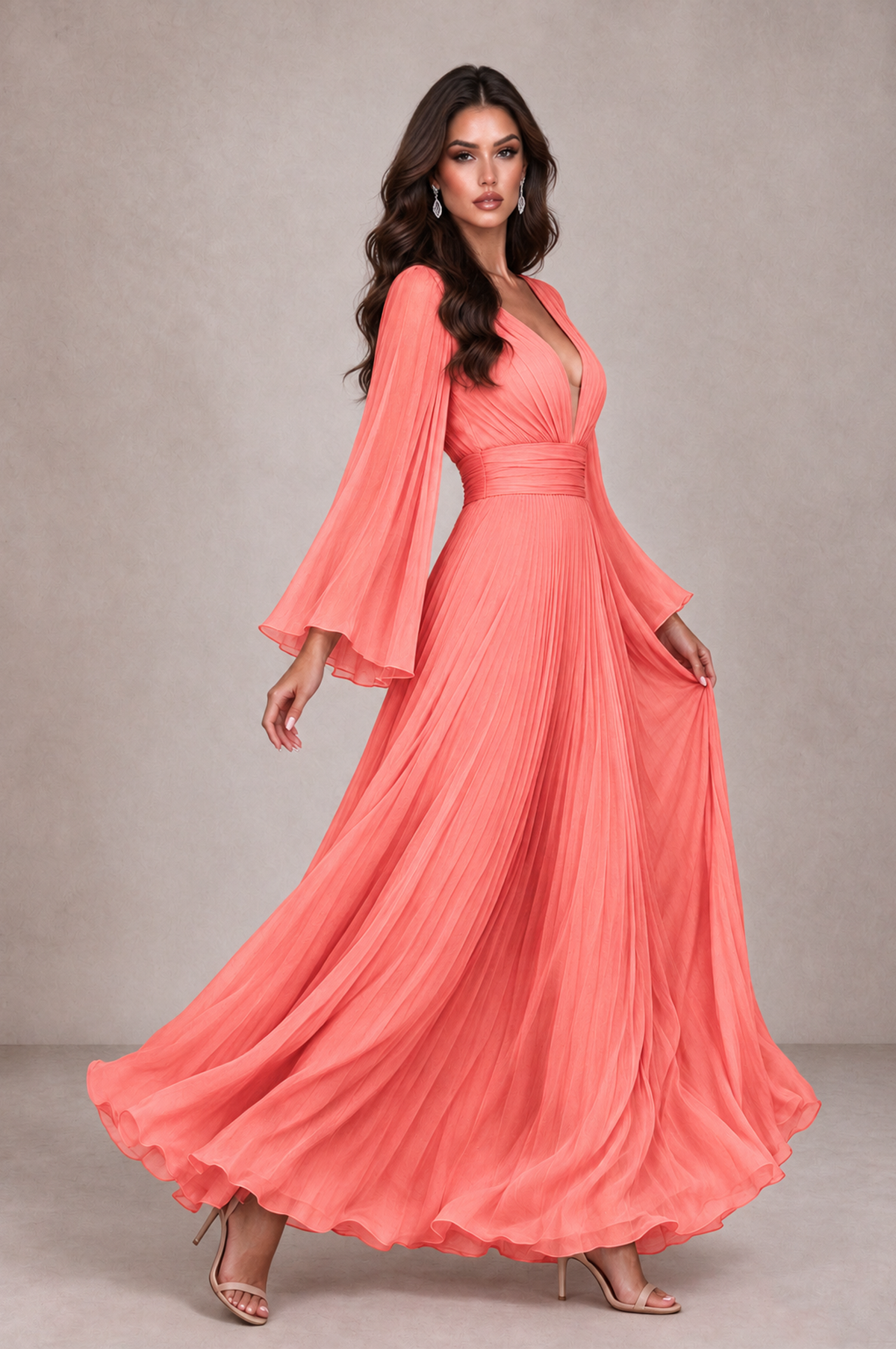 BOLODOO Coral Pleated Deep V-Neck Long Bell Sleeve Evening Dress - Coral - Coral_4
