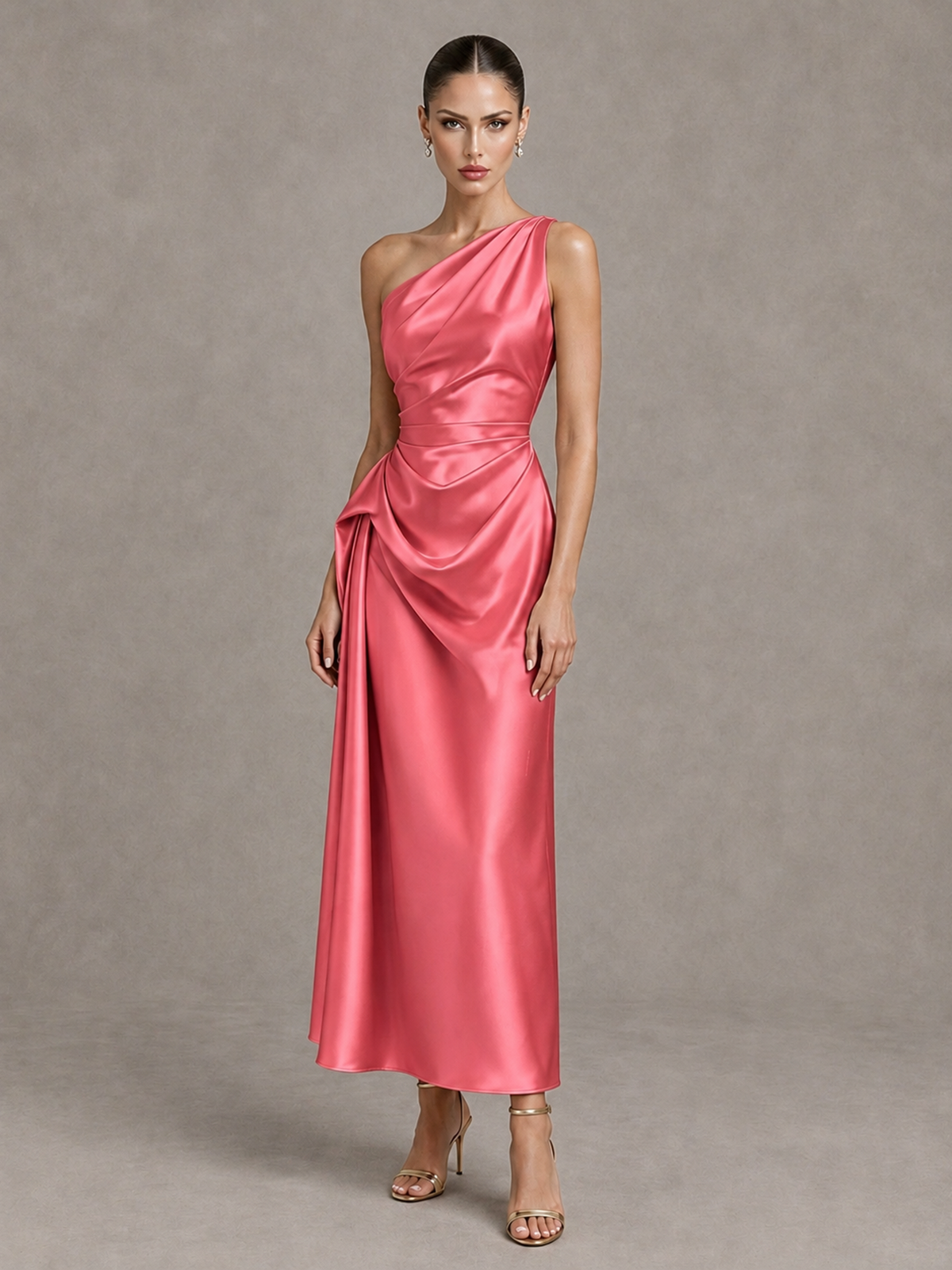 BOLODOO Coral One Shoulder Satin Cocktail Dress with Draped A-Line Skirt - Coral - Coral_4