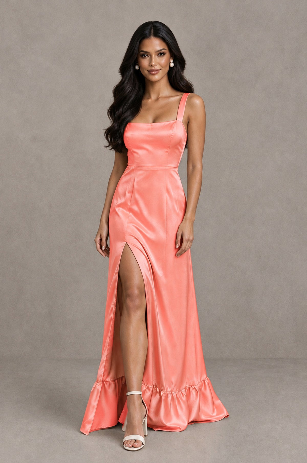 BOLODOO Coral Square Neck Satin Evening Dress with Lace-Up Back and High Slit - Coral - Coral_4