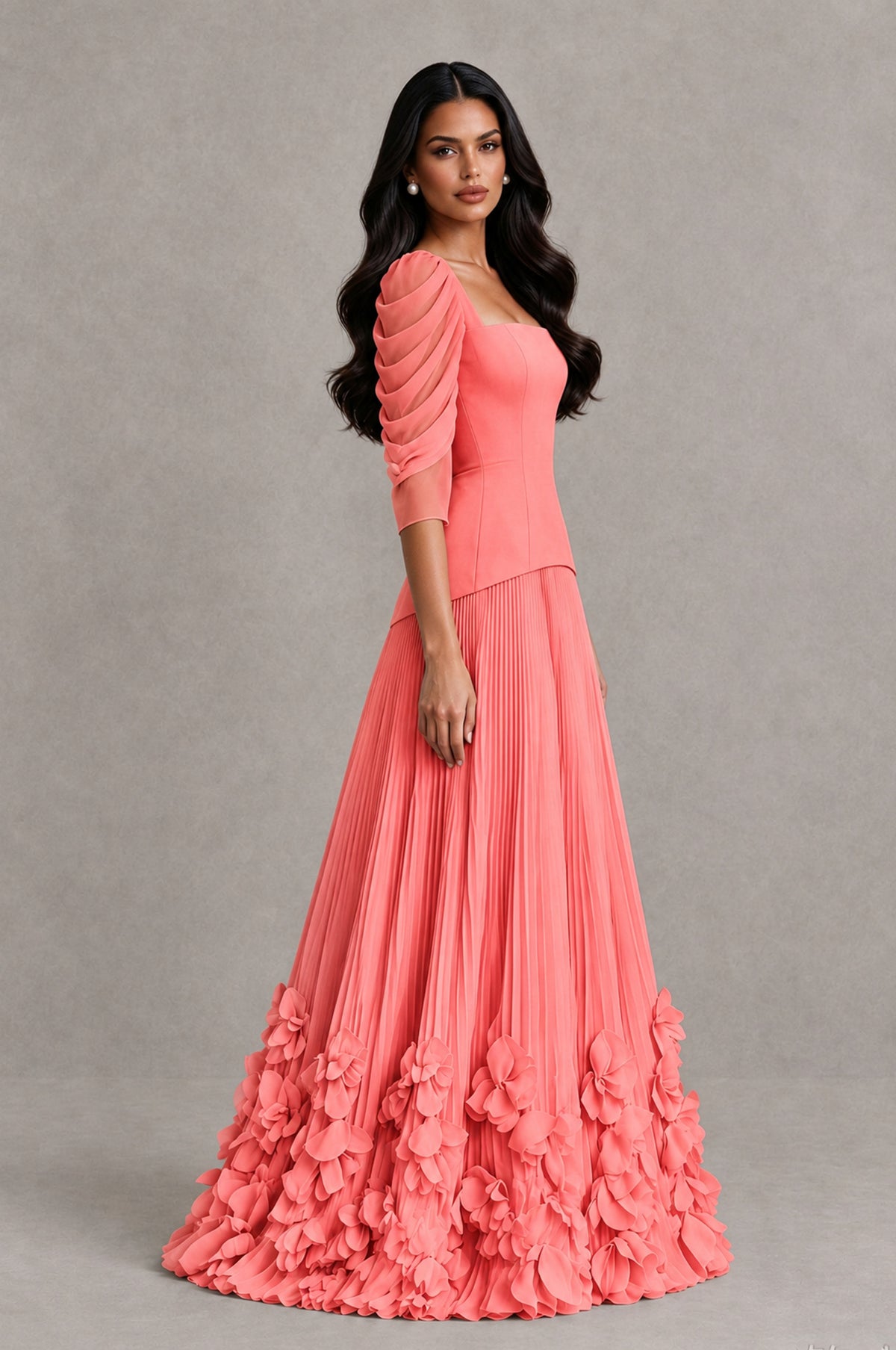 BOLODOO Coral Square Neck Pleated Floral Applique Evening Dress - Coral - Coral_4